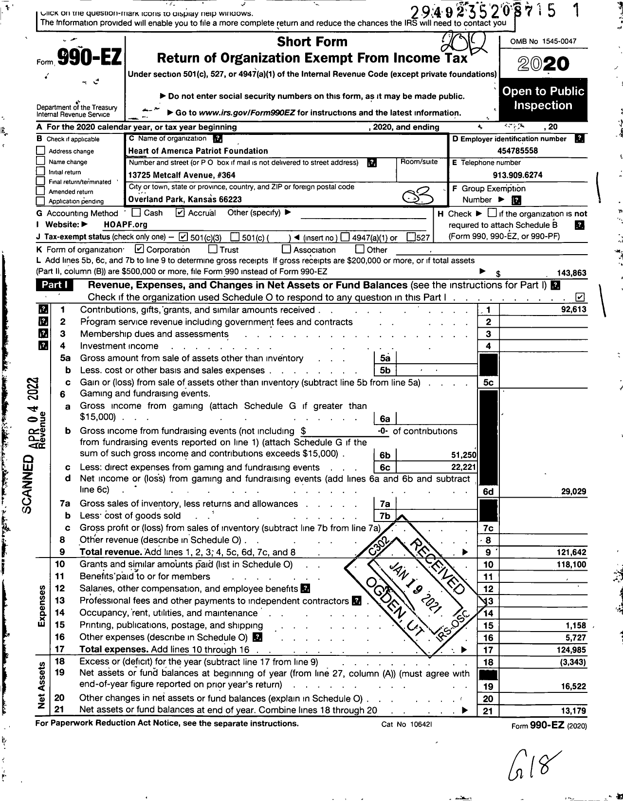 Image of first page of 2020 Form 990EZ for HEART OF AMEriCA PATRIOT FOUNDATION