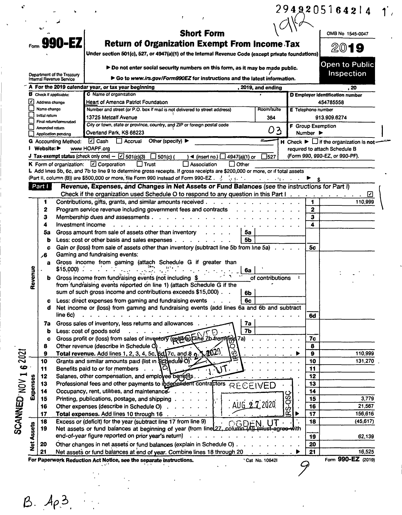 Image of first page of 2019 Form 990EZ for HEART OF AMEriCA PATRIOT FOUNDATION