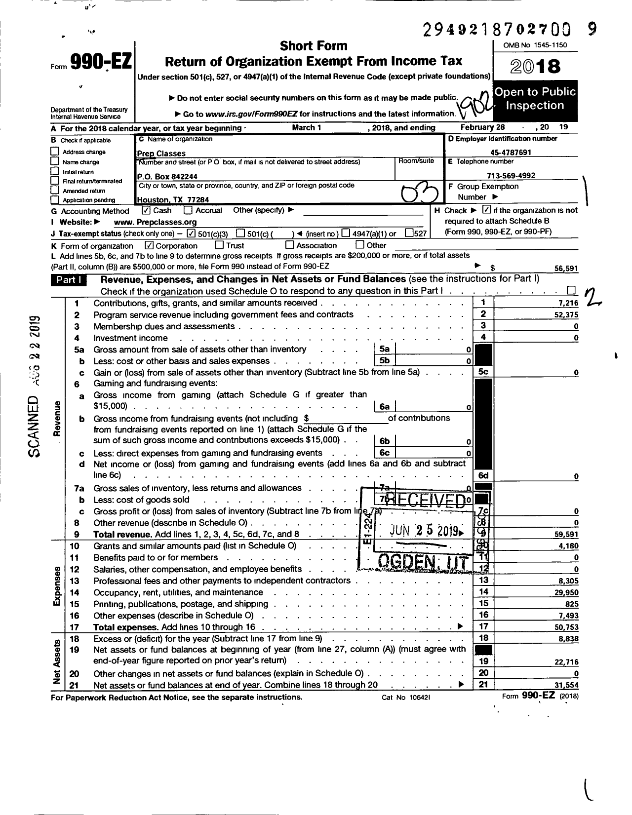 Image of first page of 2018 Form 990EZ for Prep Classes