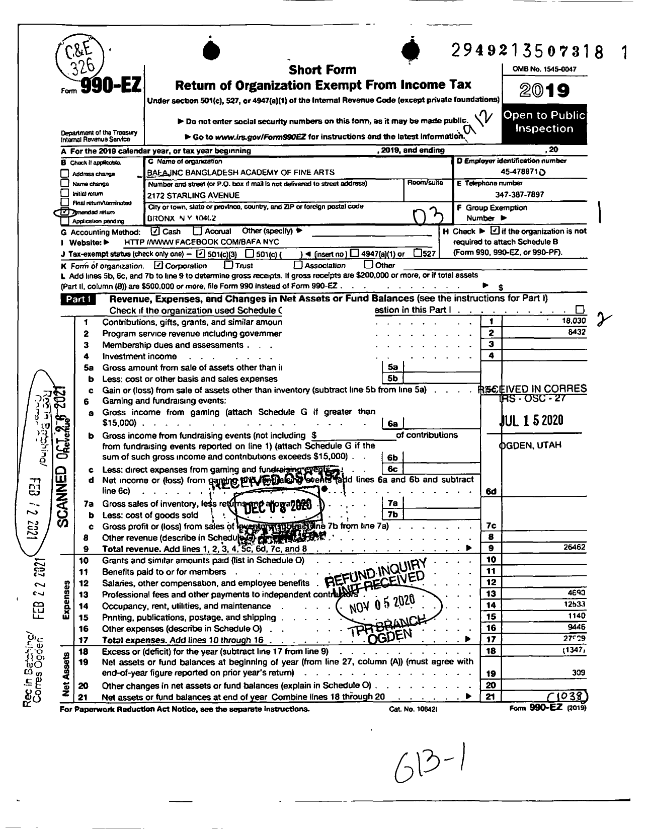 Image of first page of 2019 Form 990EZ for Bafa Bangladesh Academy of Fine Arts