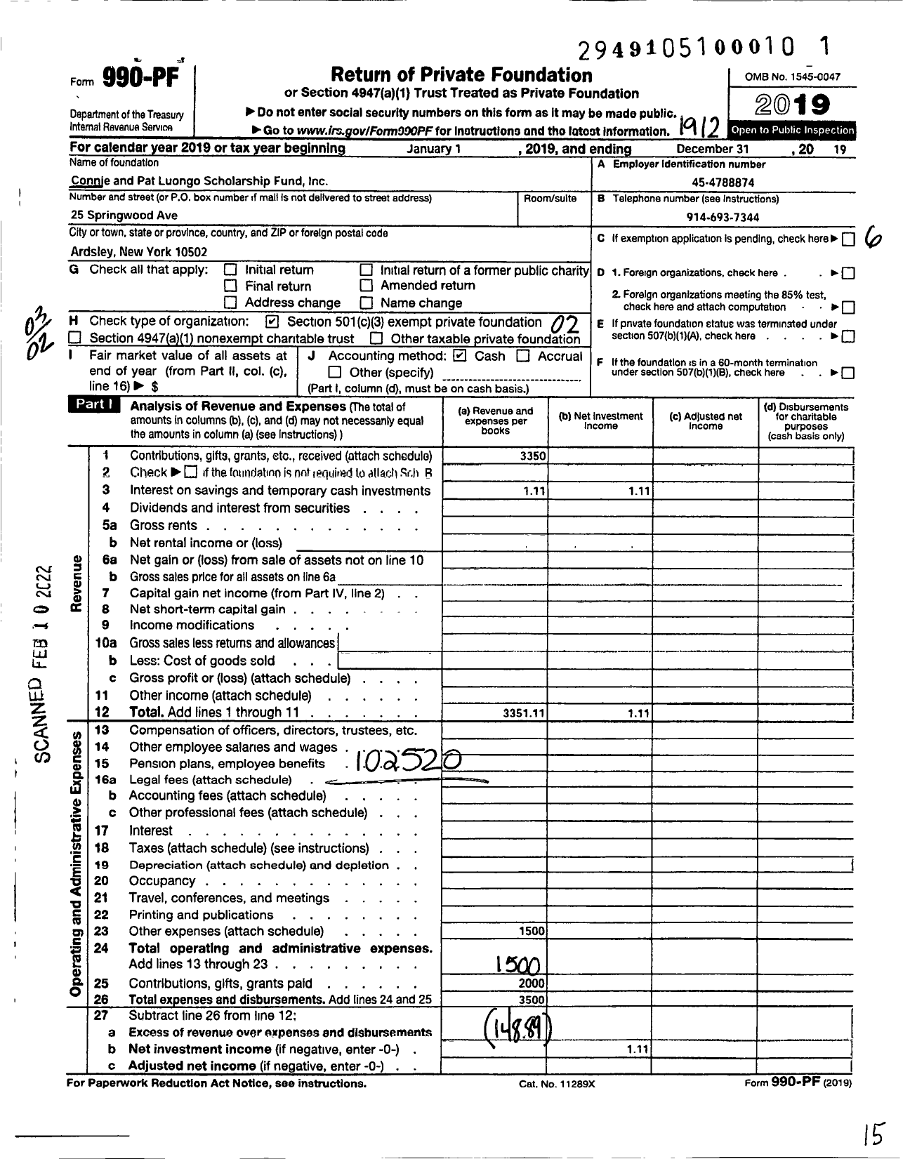 Image of first page of 2019 Form 990PF for Connie and Pat Luongo Scholarship Fund