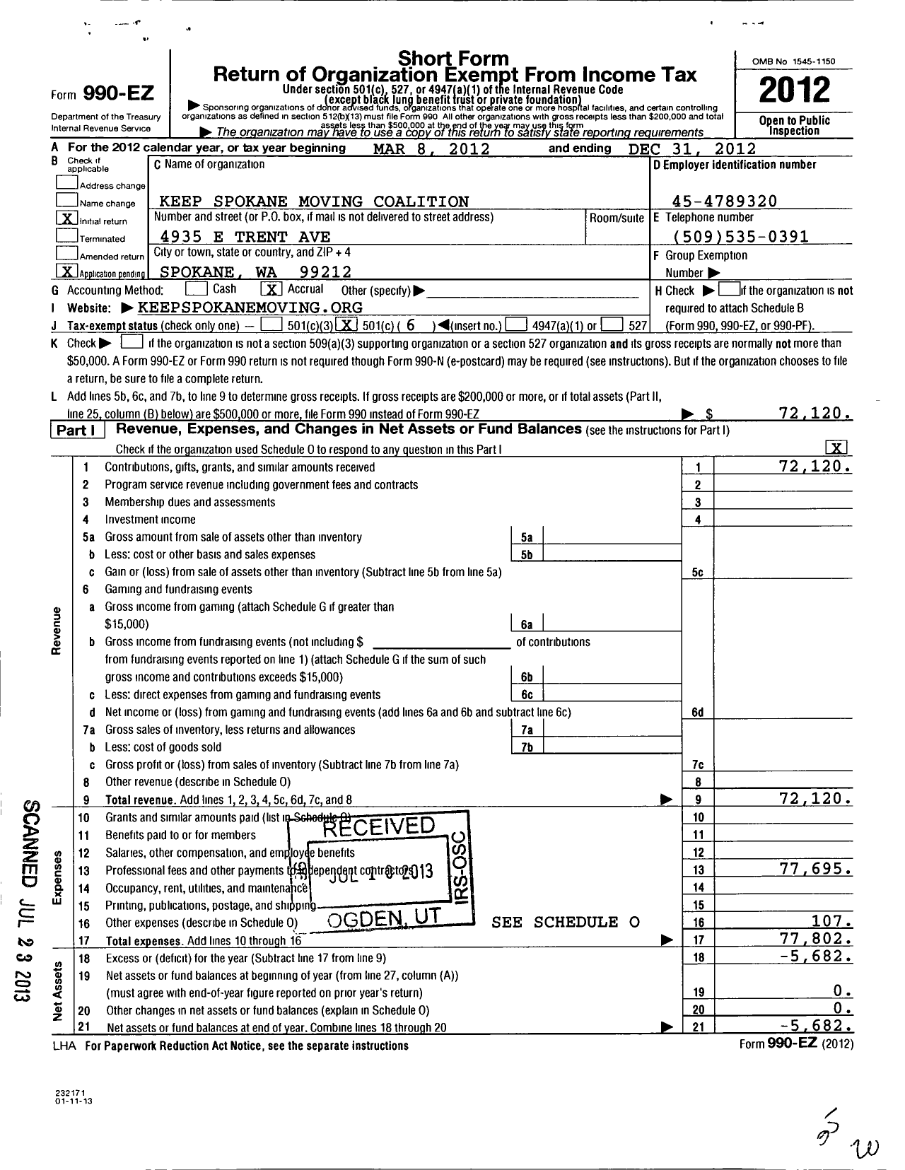 Image of first page of 2012 Form 990EO for Keep Spokane Moving Coalition