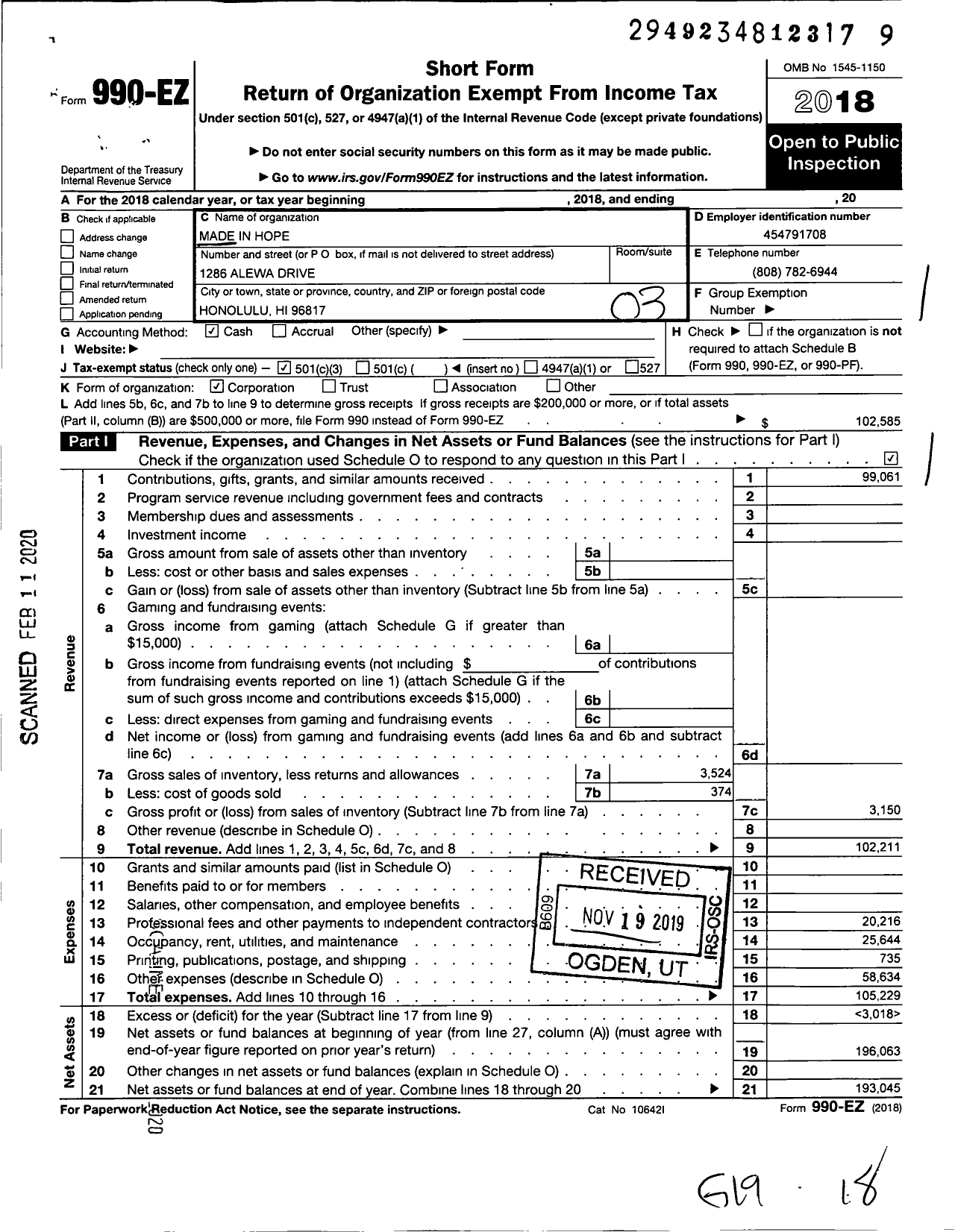 Image of first page of 2018 Form 990EZ for Made in Hope