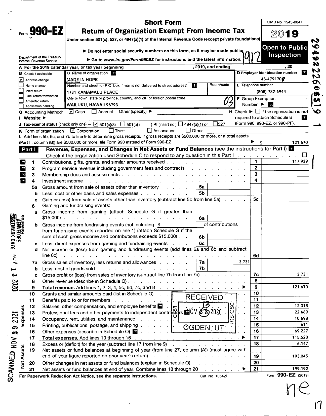 Image of first page of 2019 Form 990EZ for Made in Hope