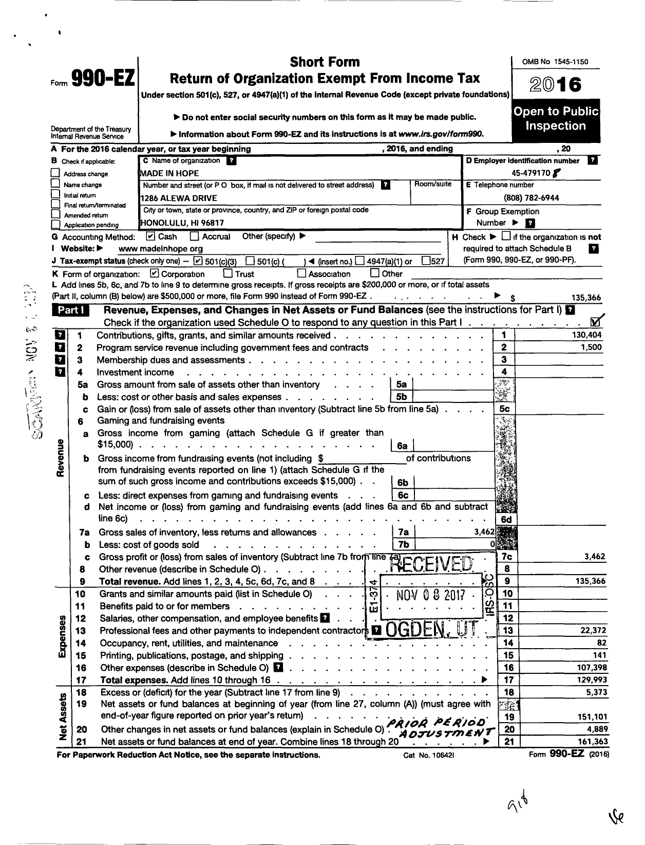 Image of first page of 2016 Form 990EZ for Made in Hope