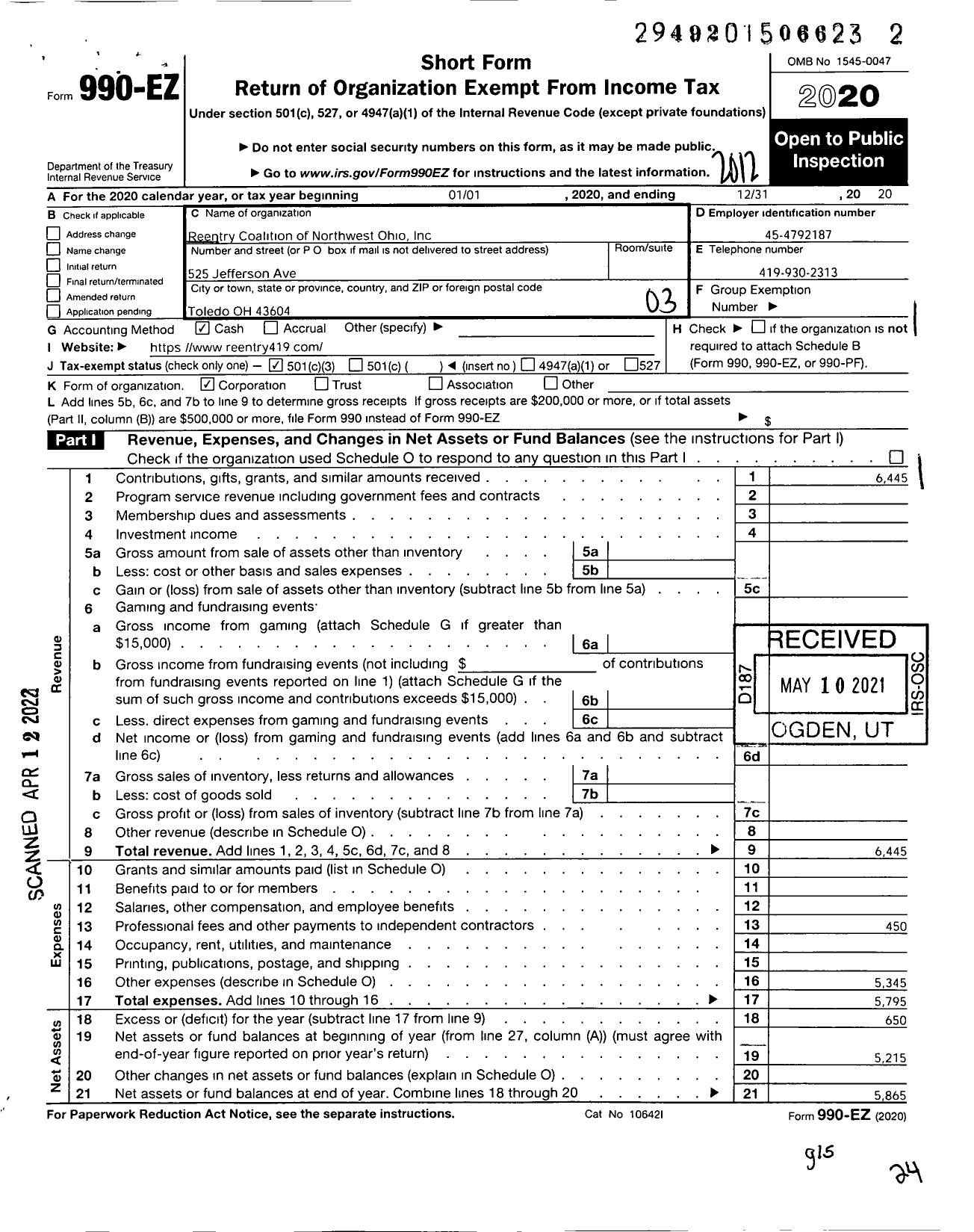 Image of first page of 2020 Form 990EZ for Reentry Coalition of Northwest Ohio