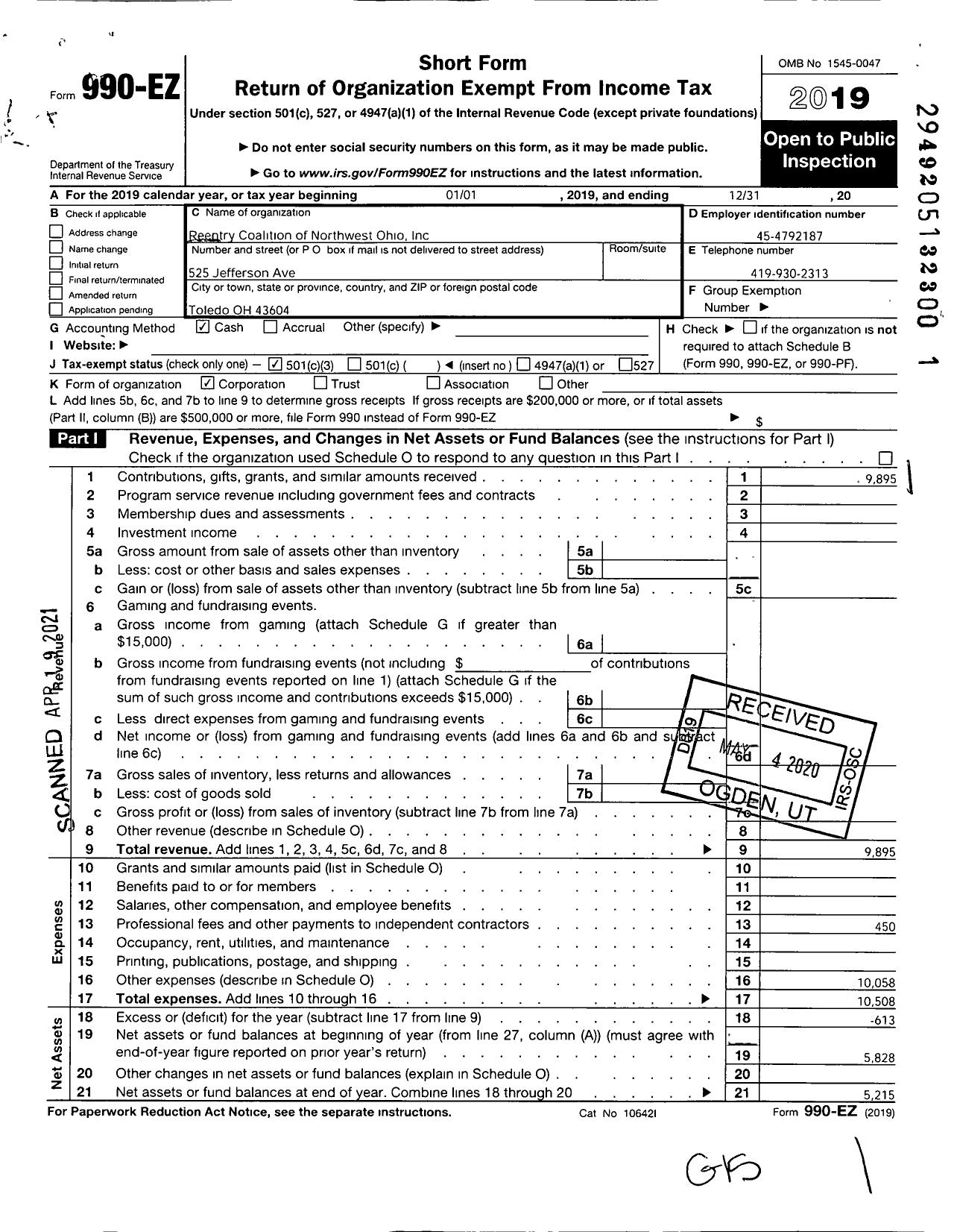 Image of first page of 2019 Form 990EZ for Reentry Coalition of Northwest Ohio