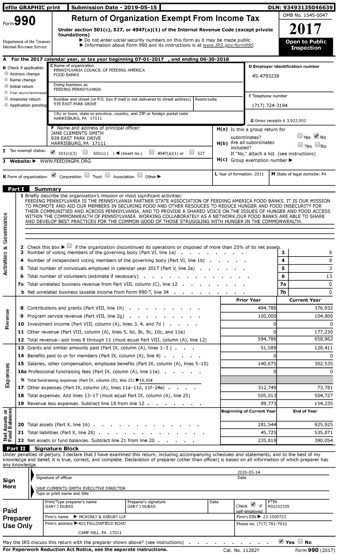 Image of first page of 2017 Form 990 for Feeding Pennsylvania