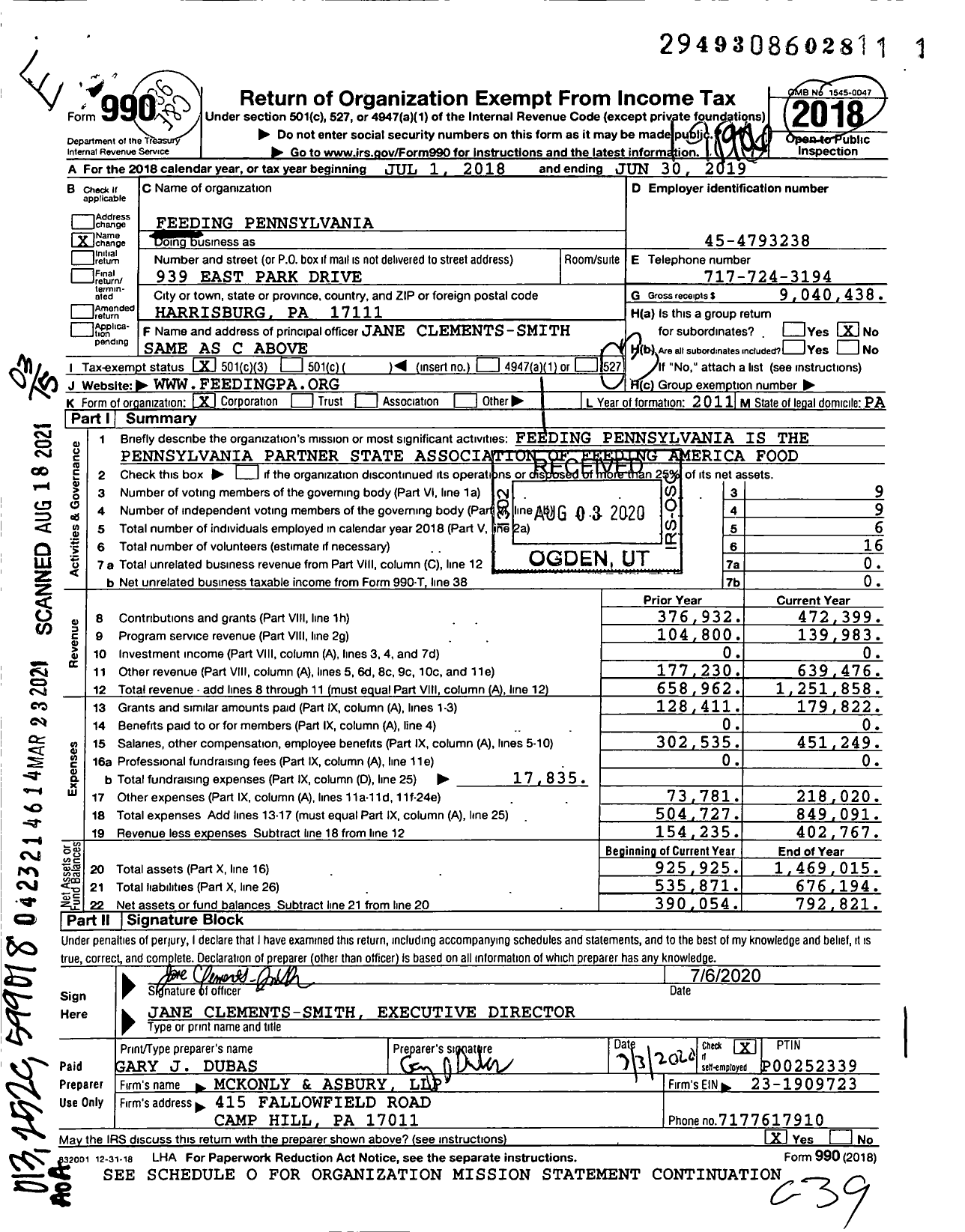 Image of first page of 2018 Form 990 for Feeding Pennsylvania