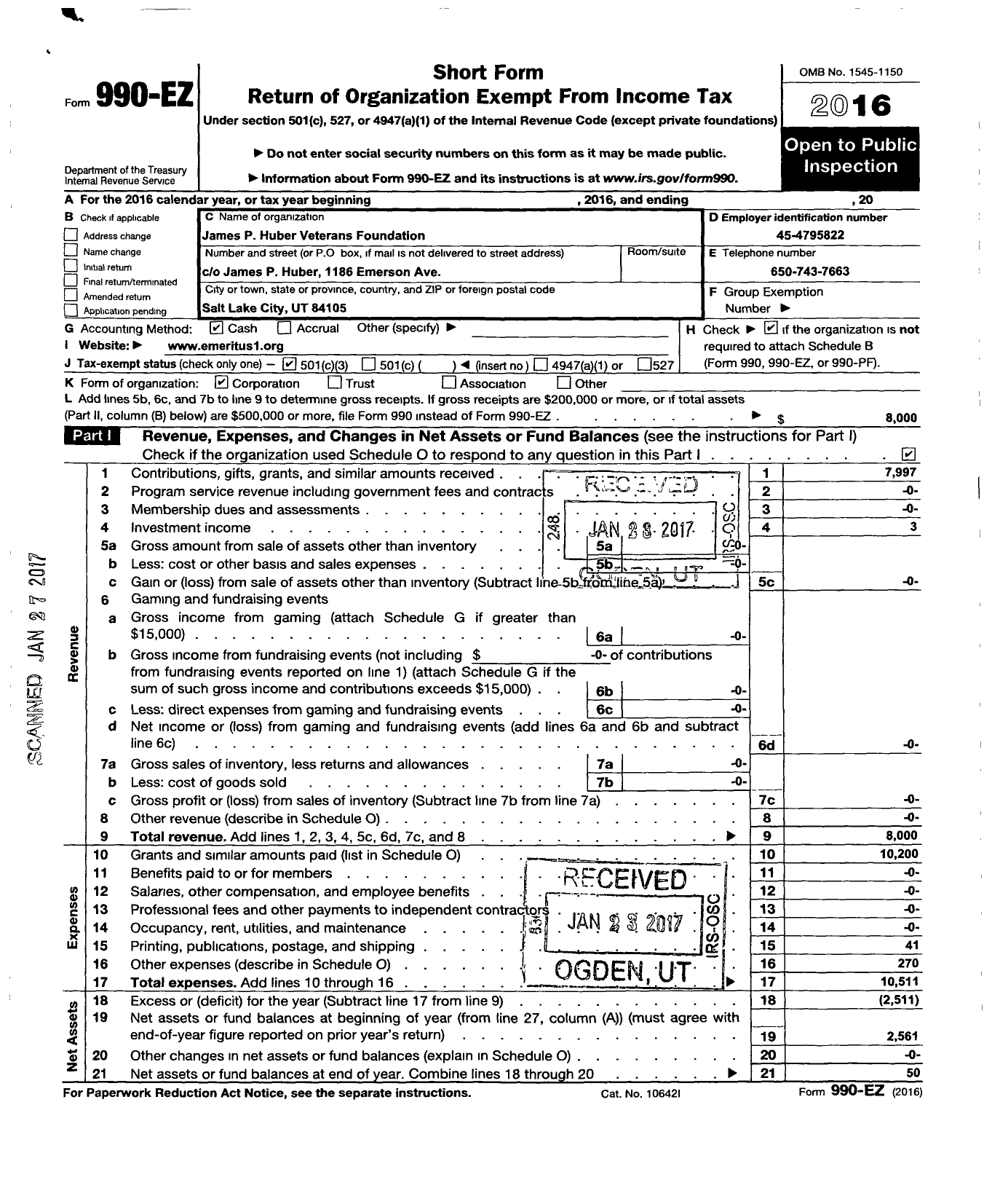 Image of first page of 2016 Form 990EZ for James P Huber Veterans Foundation
