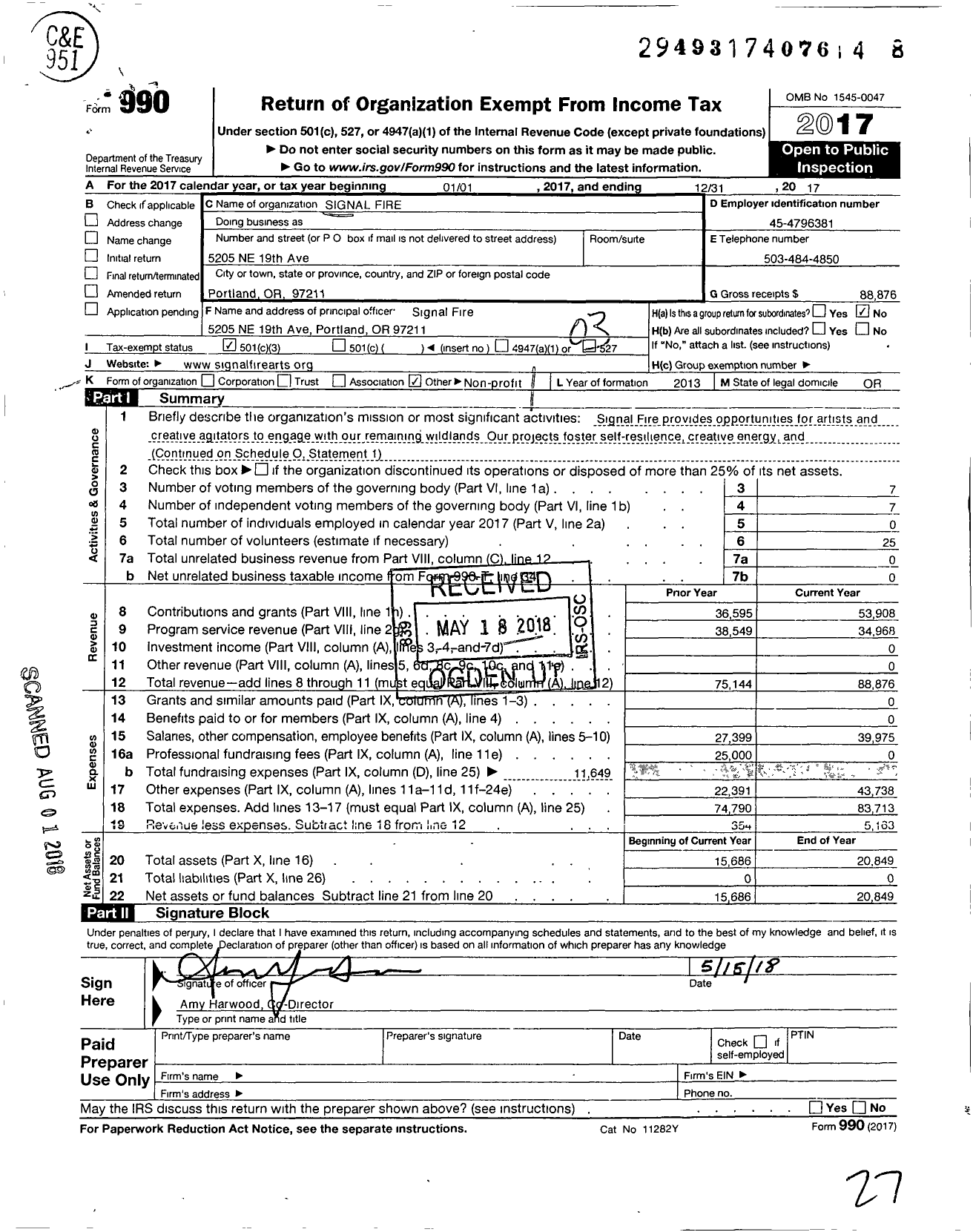 Image of first page of 2017 Form 990 for Signal Fire