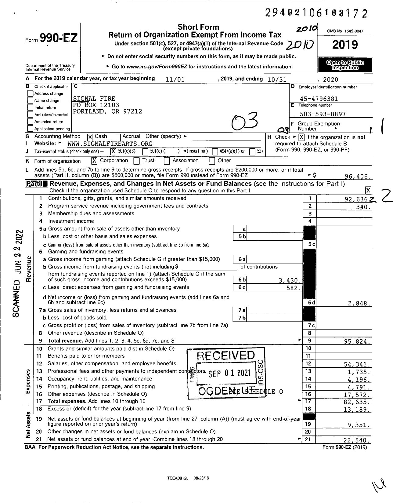 Image of first page of 2019 Form 990EZ for Signal Fire