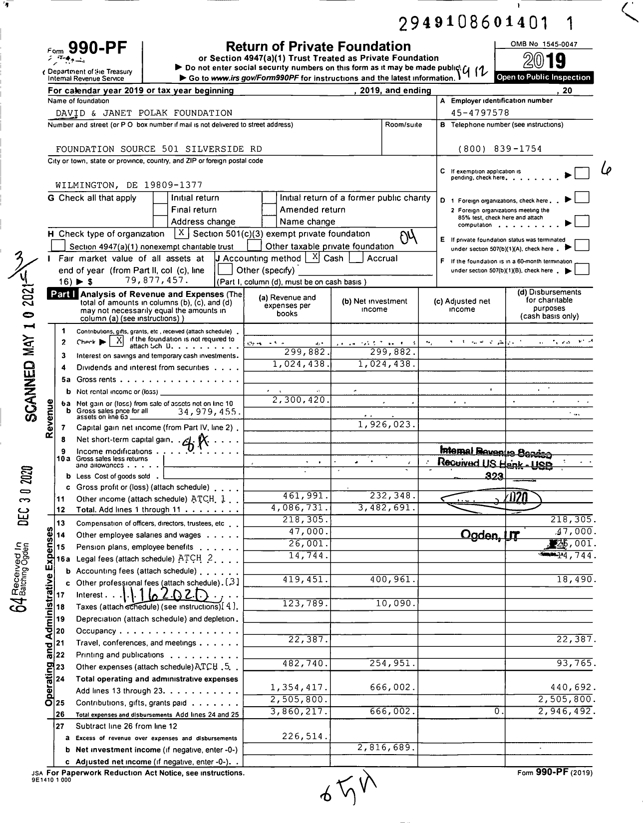 Image of first page of 2019 Form 990PF for David & Janet Polak Foundation