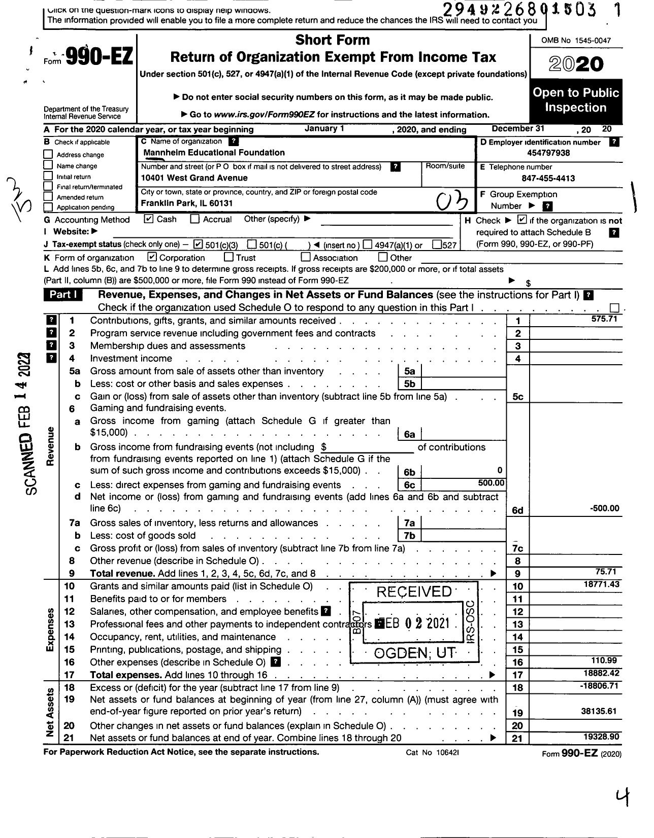 Image of first page of 2020 Form 990EZ for Mannheim Educational Foundation