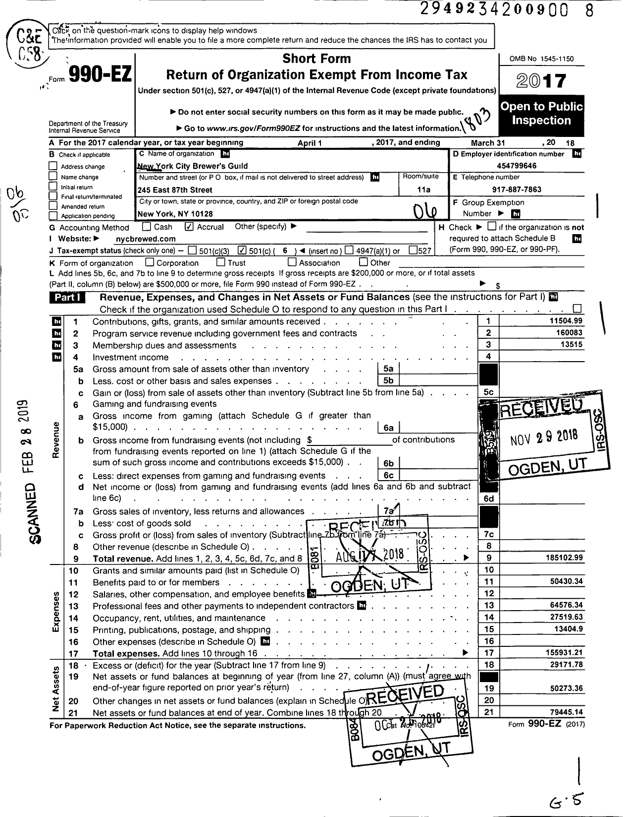 Image of first page of 2017 Form 990EO for New York City Craft Brewers Guild