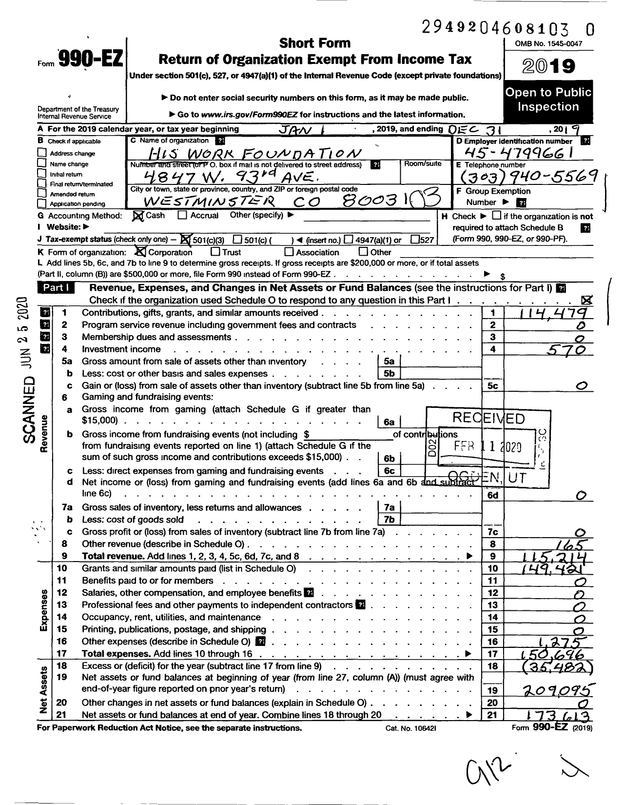 Image of first page of 2019 Form 990EZ for His Work Foundation