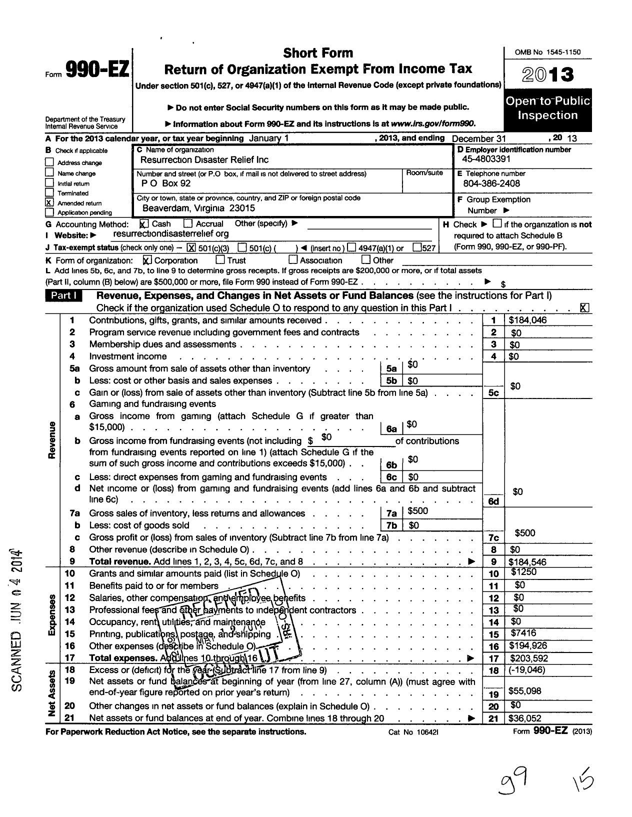 Image of first page of 2013 Form 990EZ for Resurrection Disaster Relief