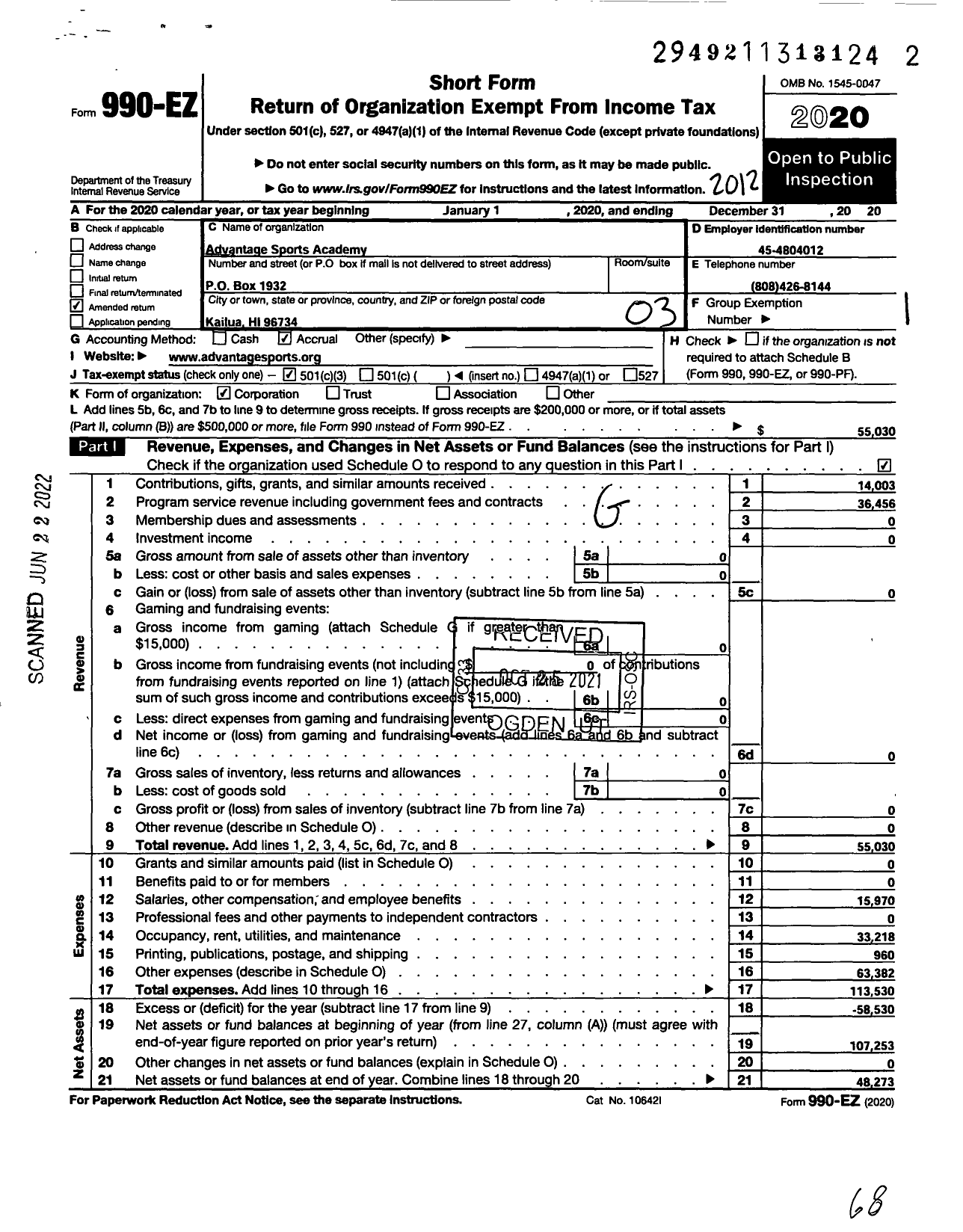 Image of first page of 2020 Form 990EZ for Advantage Sports Academy LLC