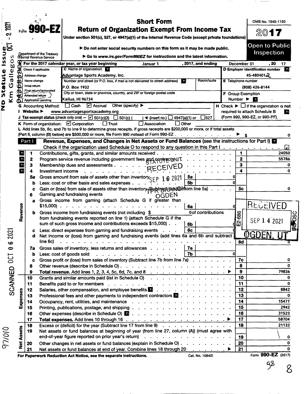 Image of first page of 2017 Form 990EA for Advantage Sports Academy LLC