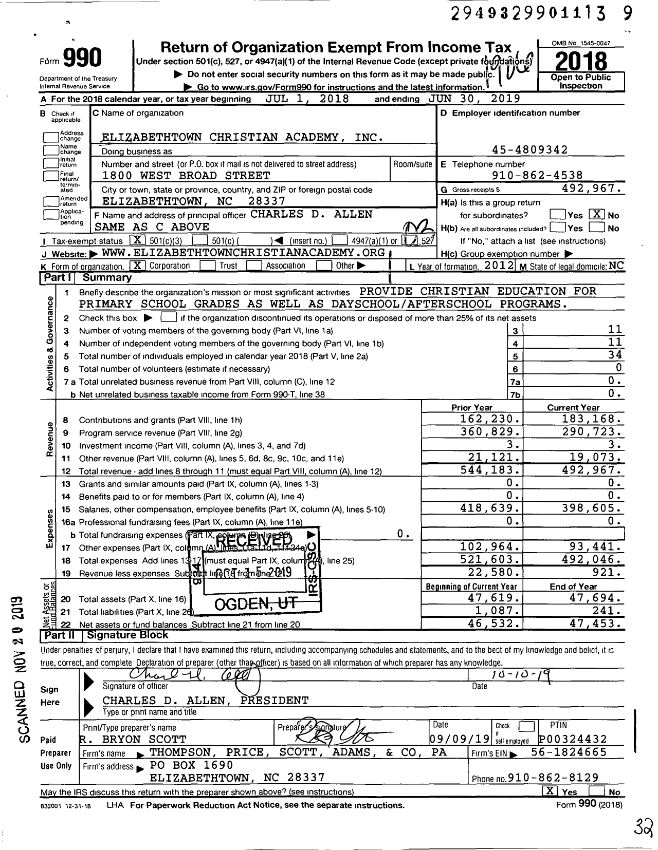 Image of first page of 2018 Form 990 for Elizabethtown Christian Academy