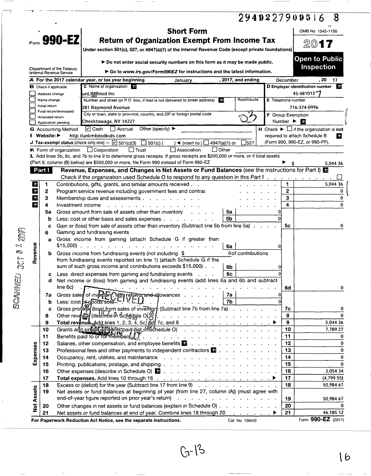 Image of first page of 2017 Form 990EZ for Unlimbited