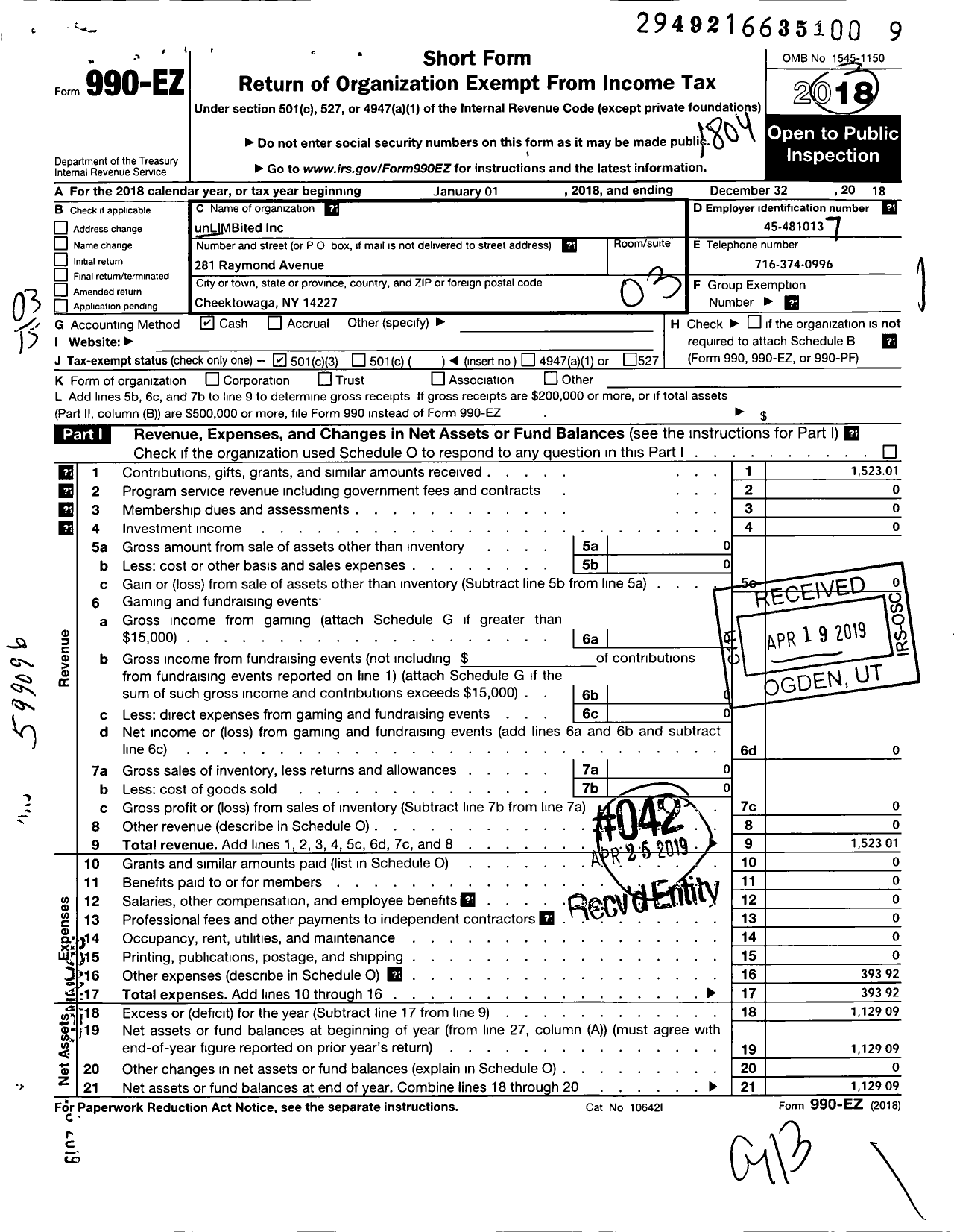 Image of first page of 2017 Form 990EZ for Unlimbited