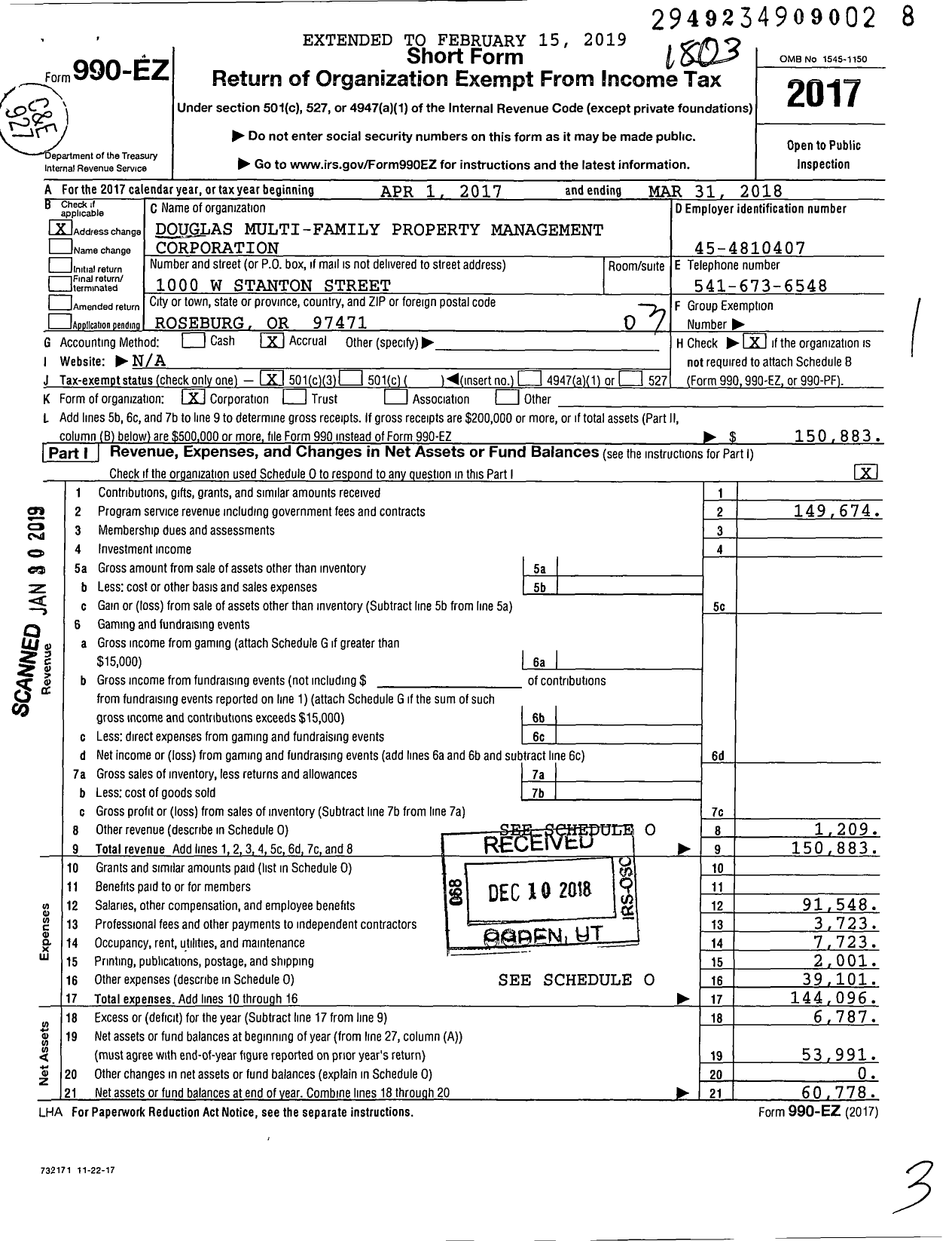 Image of first page of 2017 Form 990EZ for Douglas Multi-Family Property Management Corporation