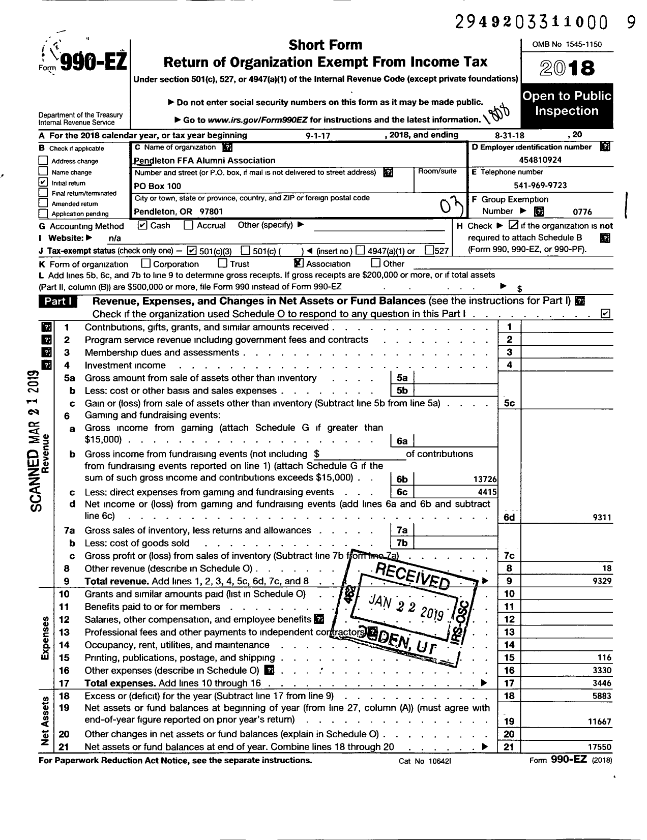 Image of first page of 2017 Form 990EZ for Future Farmers of America - Pendleton Ffa Alumni Association