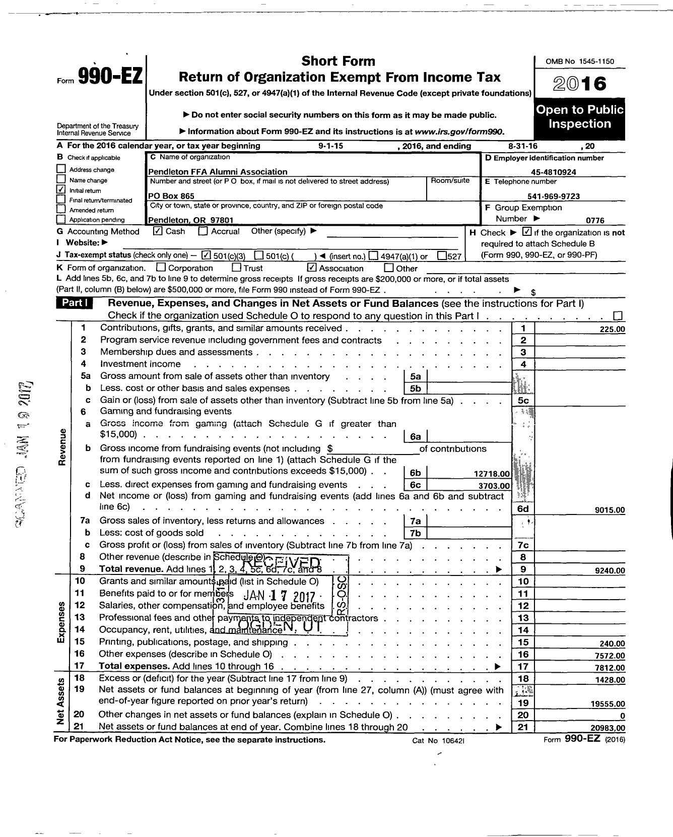 Image of first page of 2015 Form 990EZ for Future Farmers of America - Pendleton Ffa Alumni Association