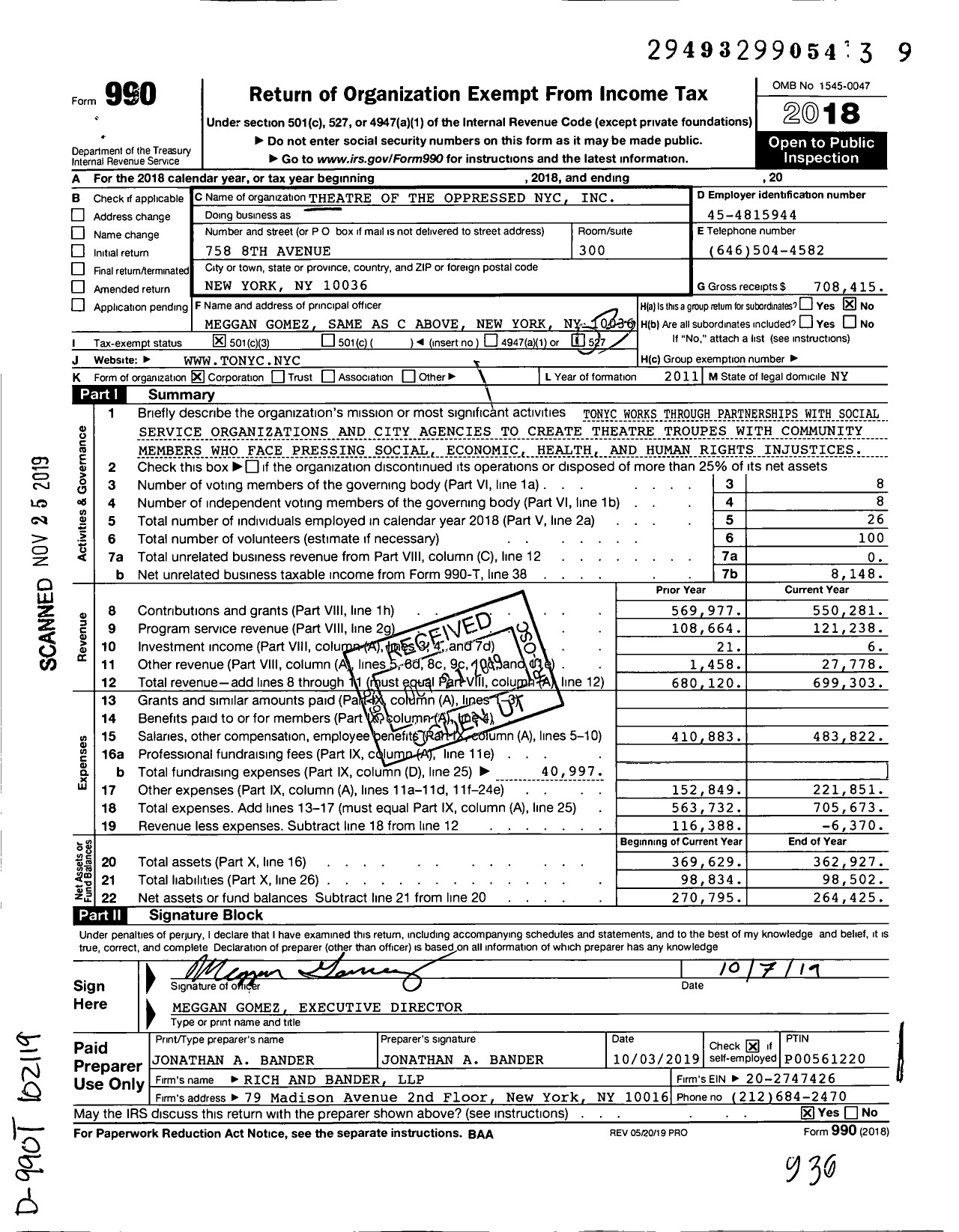 Image of first page of 2018 Form 990 for Theatre of the Oppressed Nyc