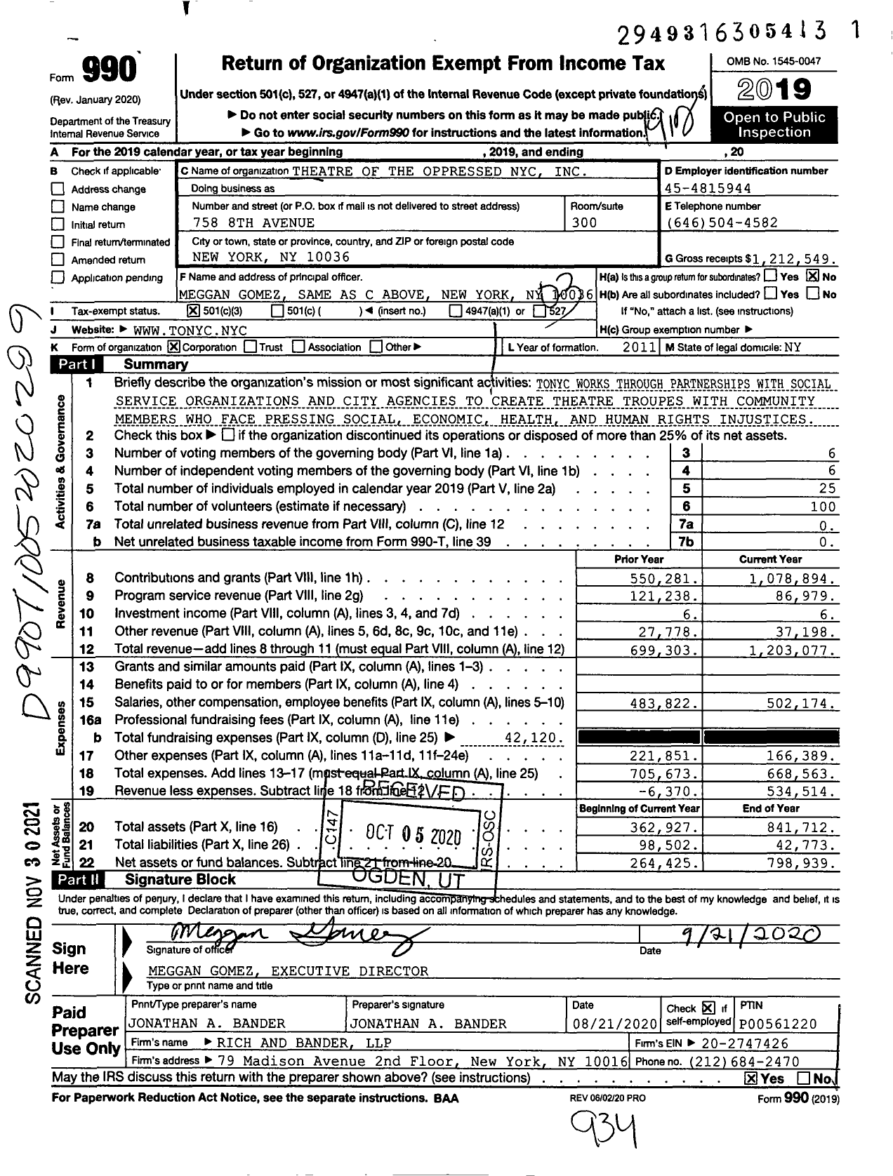 Image of first page of 2019 Form 990 for Theatre of the Oppressed Nyc