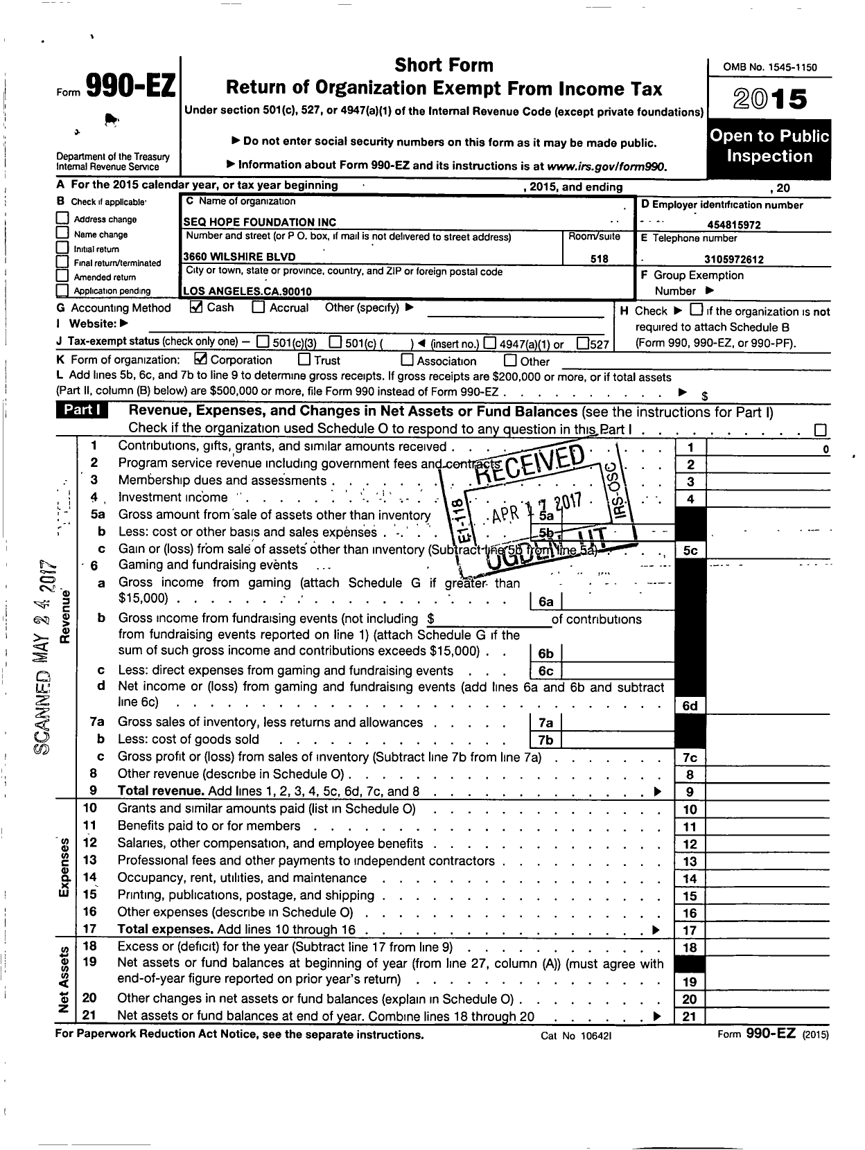 Image of first page of 2015 Form 990EO for Seq Hope Foundation