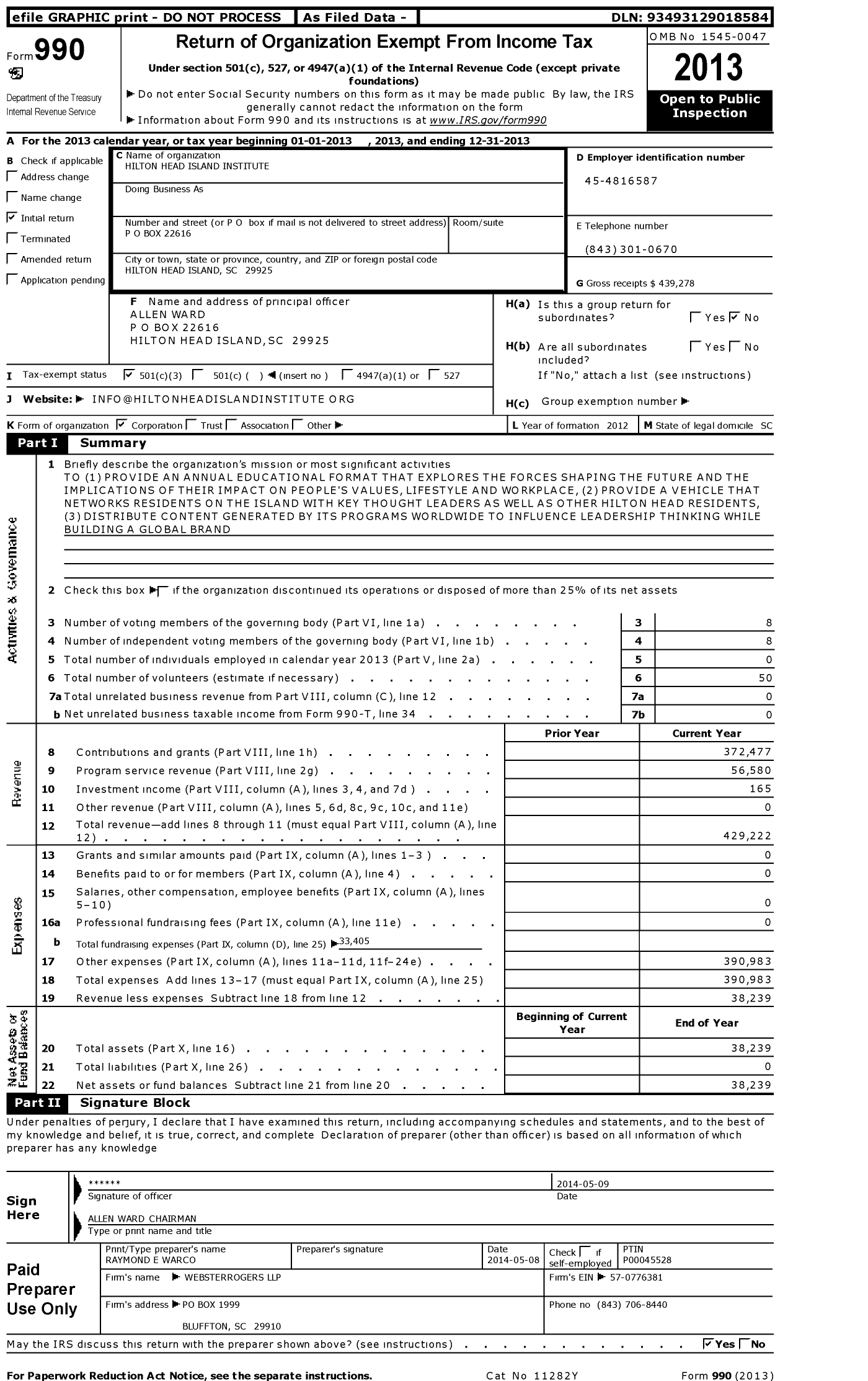 Image of first page of 2013 Form 990 for Hilton Head Institute