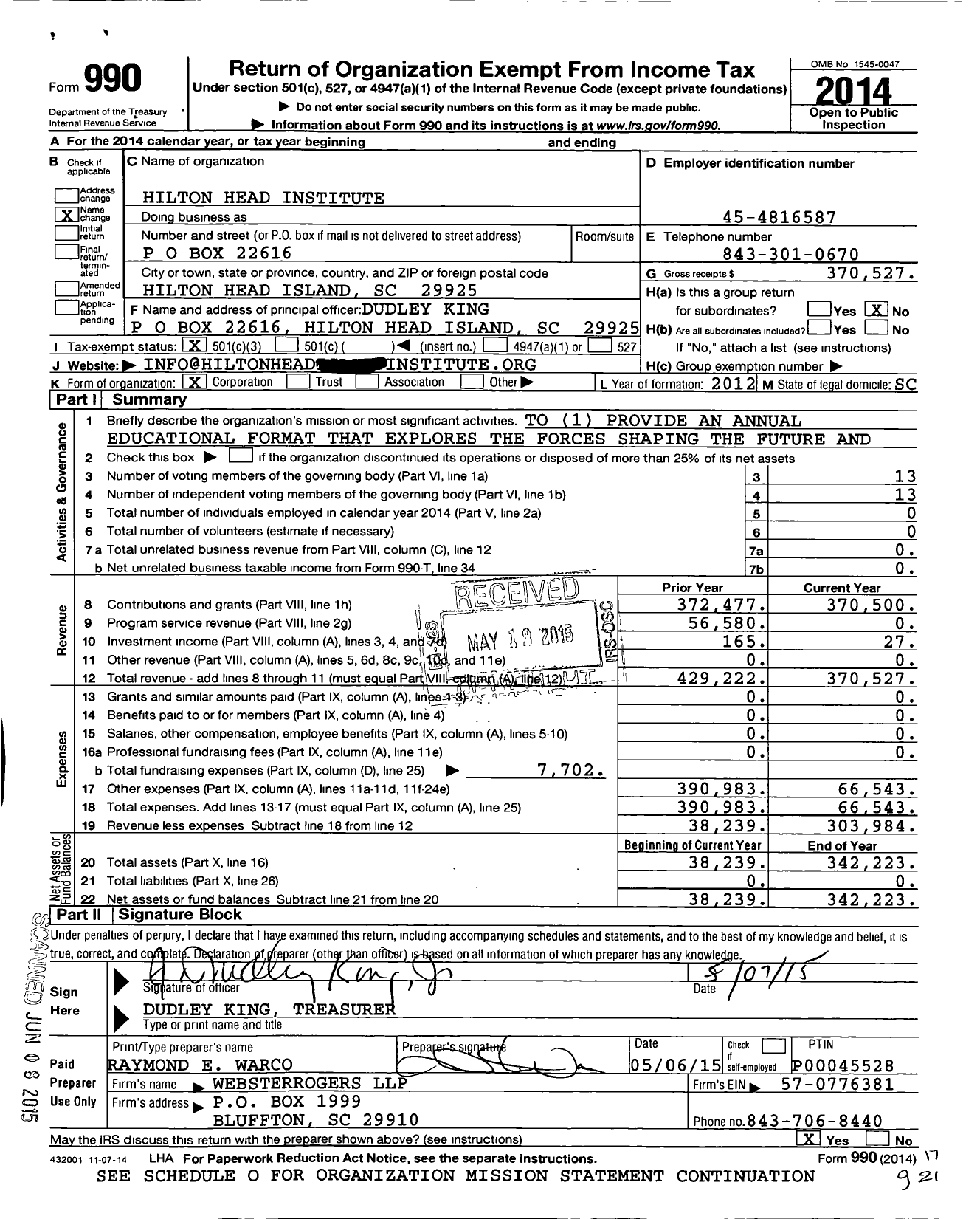 Image of first page of 2014 Form 990 for Hilton Head Institute