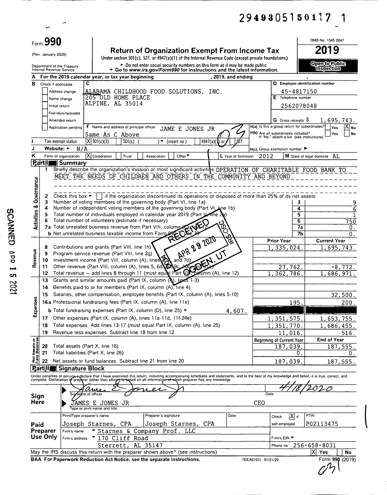 Image of first page of 2019 Form 990 for Alabama Childhood Food Solutions