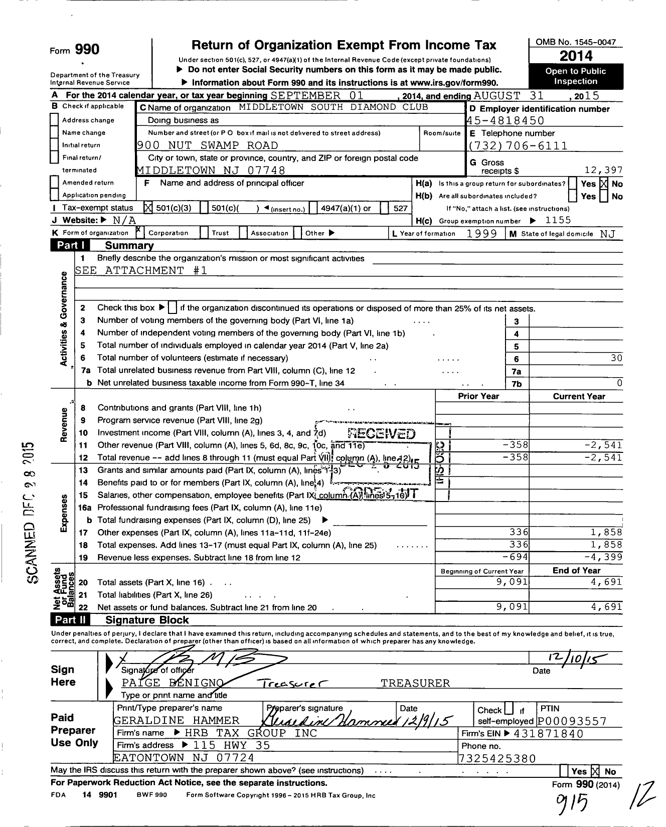 Image of first page of 2014 Form 990 for Middletown South Diamond Club