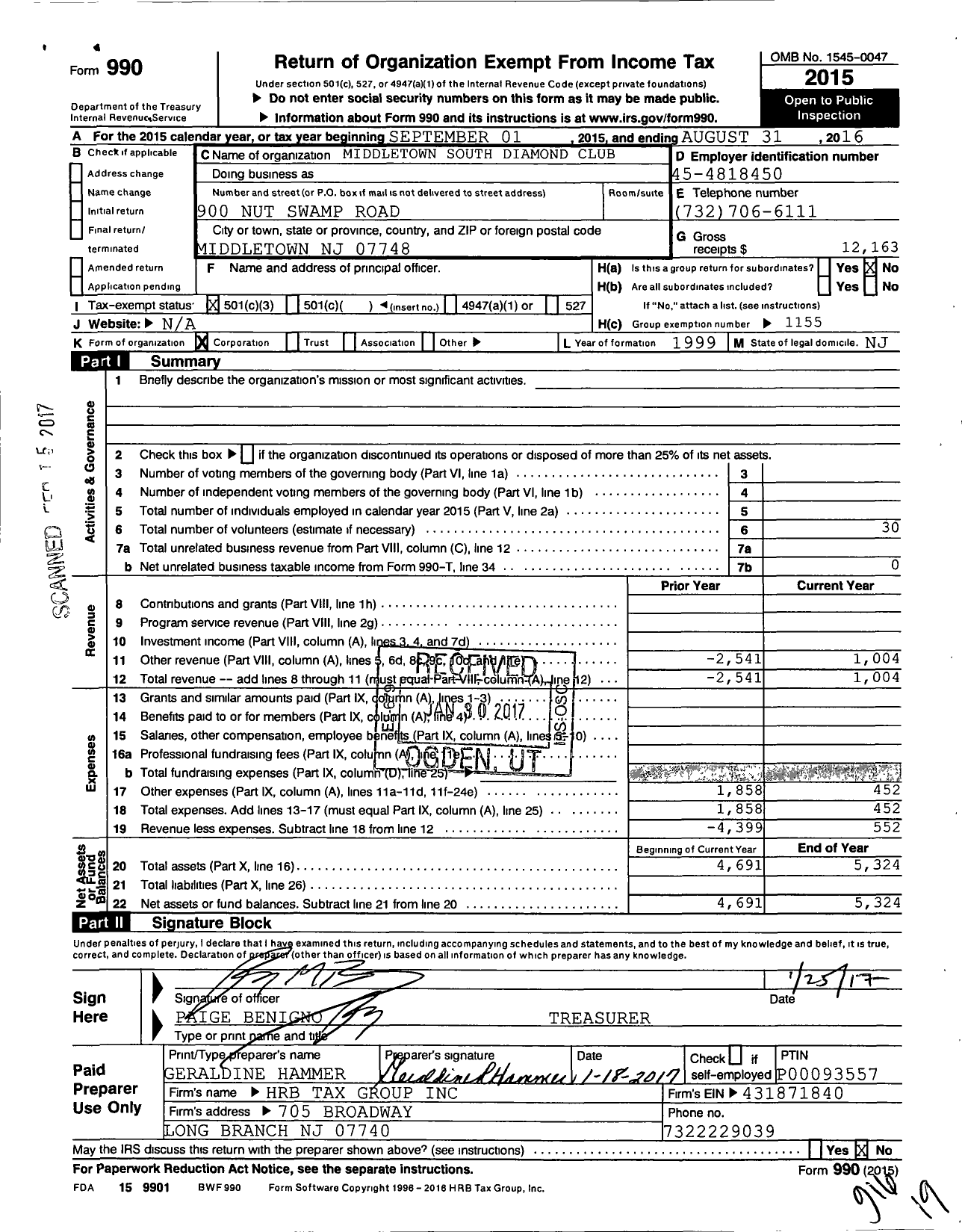 Image of first page of 2015 Form 990 for Middletown South Diamond Club