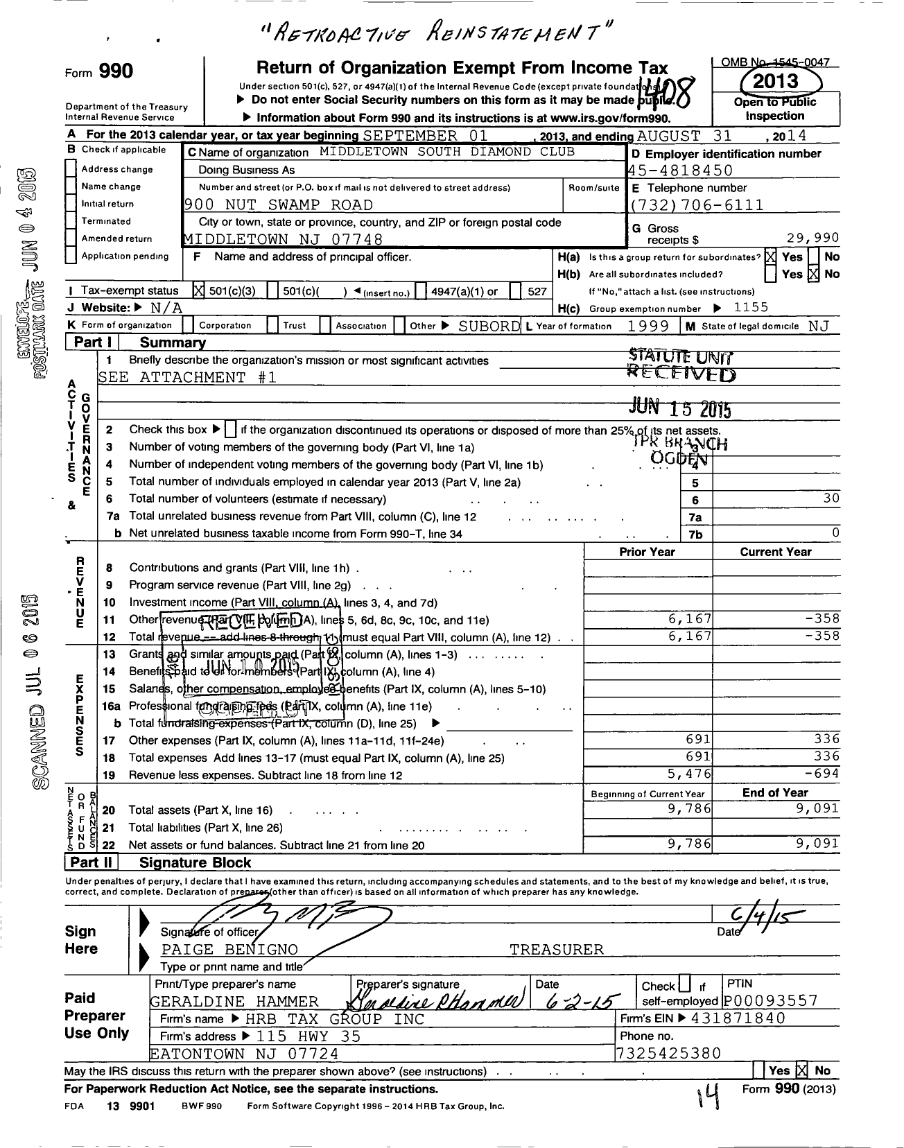 Image of first page of 2013 Form 990 for Middletown South Diamond Club