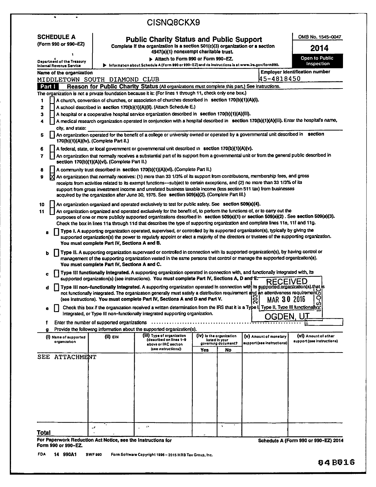 Image of first page of 2014 Form 990R for Middletown South Diamond Club