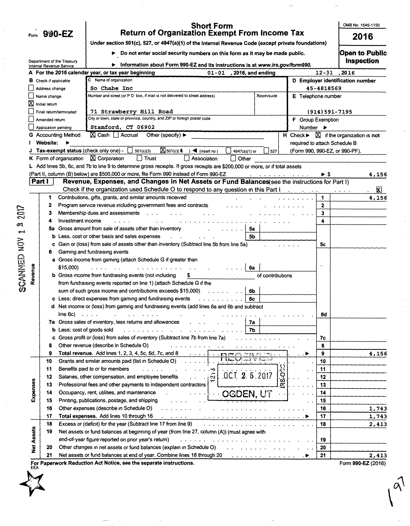 Image of first page of 2016 Form 990EO for So Chabe