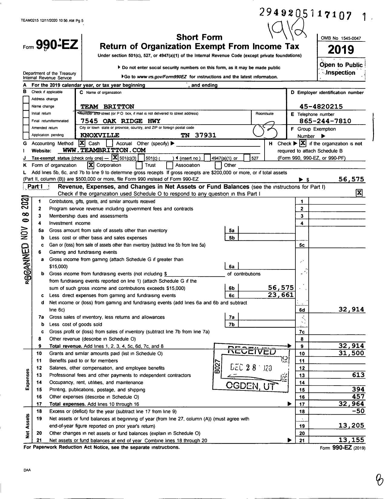 Image of first page of 2019 Form 990EZ for Team Britton