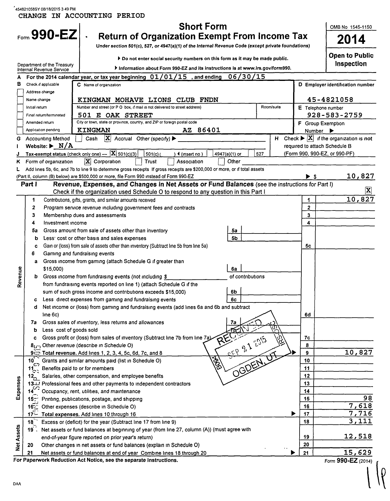 Image of first page of 2014 Form 990EZ for Kingman Mohave Lions Club Foundation