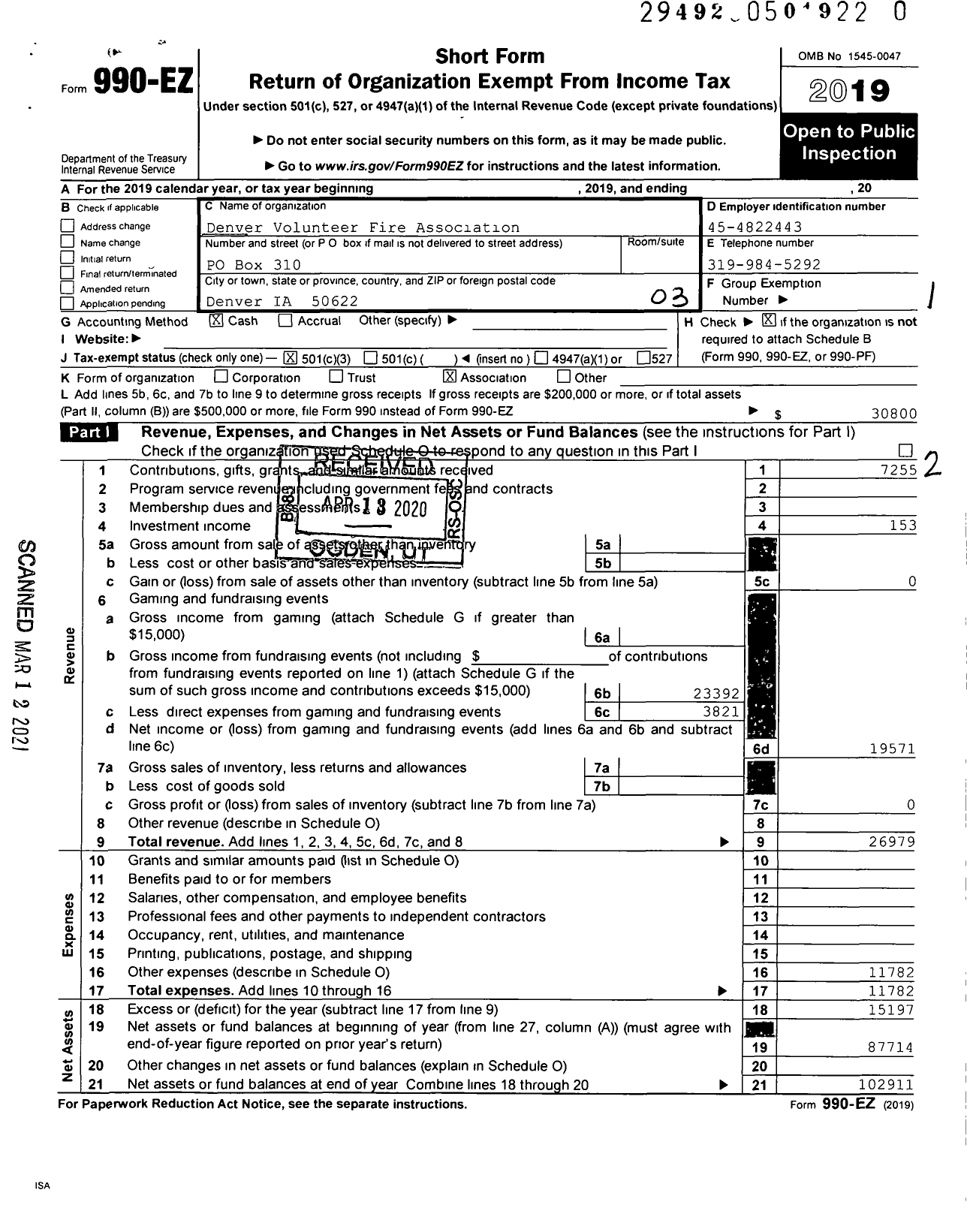 Image of first page of 2019 Form 990EZ for Denver Volunteer Fire Association