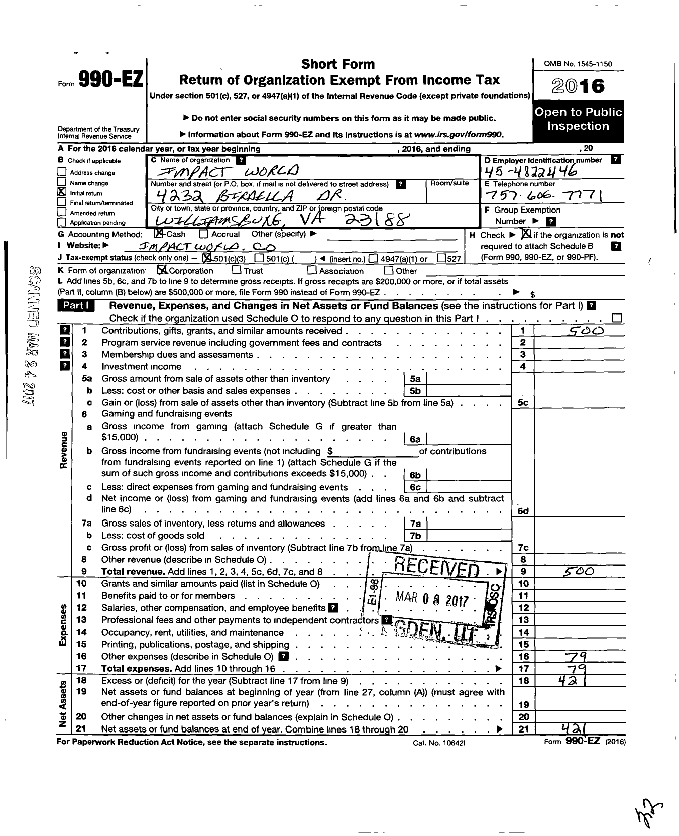 Image of first page of 2016 Form 990EZ for Impact World