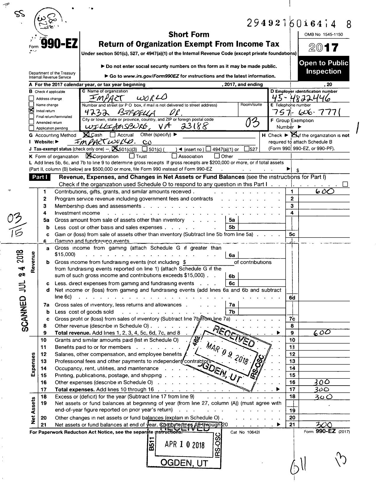 Image of first page of 2017 Form 990EZ for Impact World