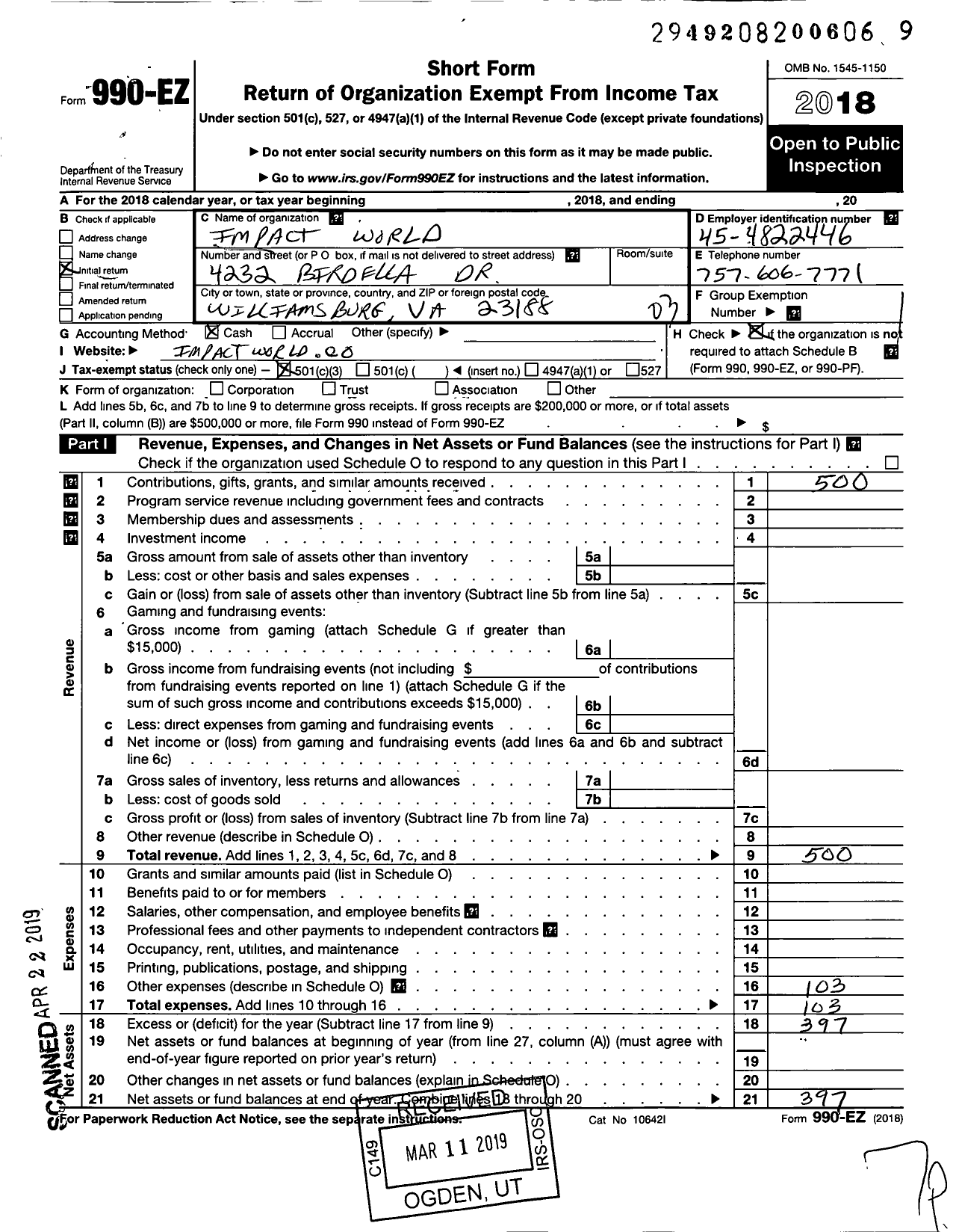 Image of first page of 2018 Form 990EZ for Impact World