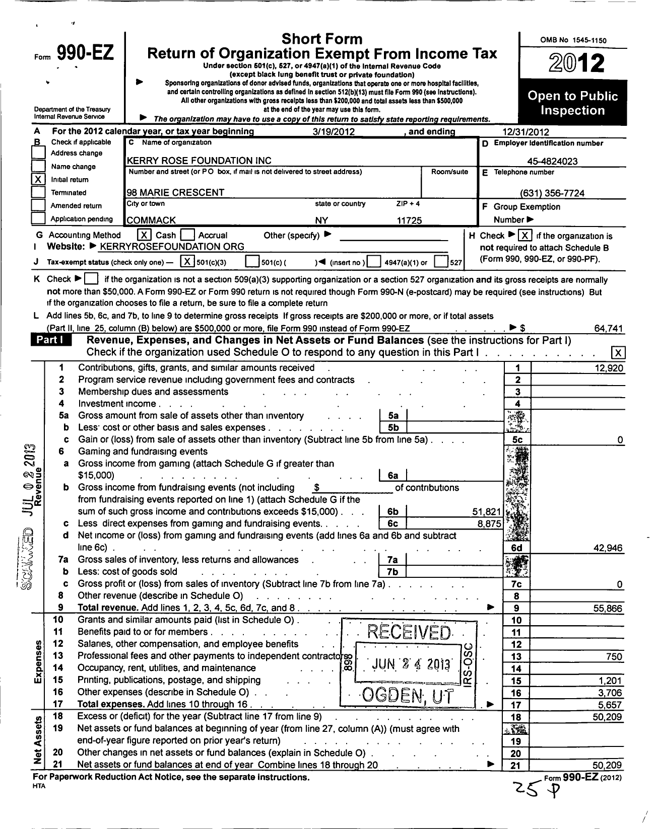 Image of first page of 2012 Form 990EZ for Kerry Rose Foundation