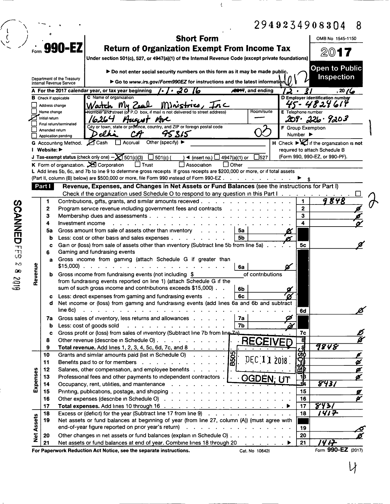 Image of first page of 2016 Form 990EZ for WATCH MY ZEAL MINISTRy