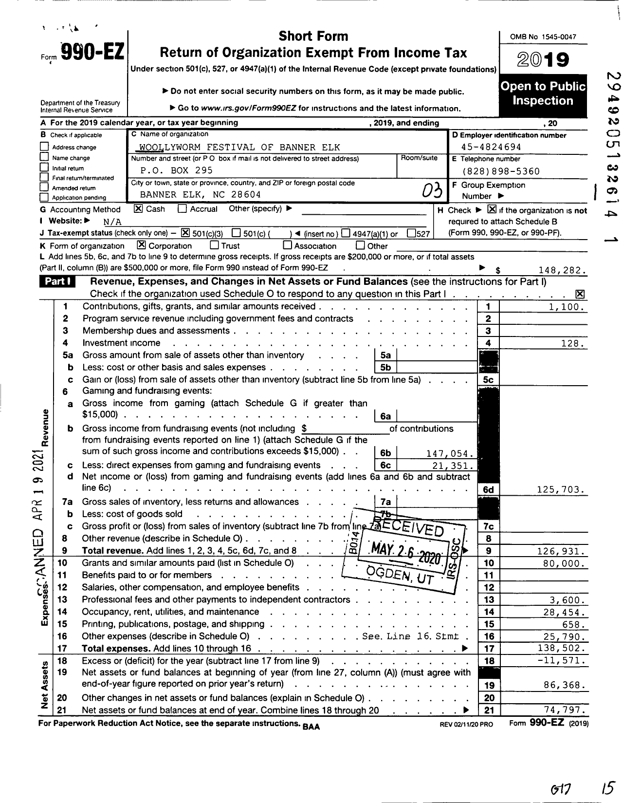 Image of first page of 2019 Form 990EZ for Woollyworm Festival of Banner Elk