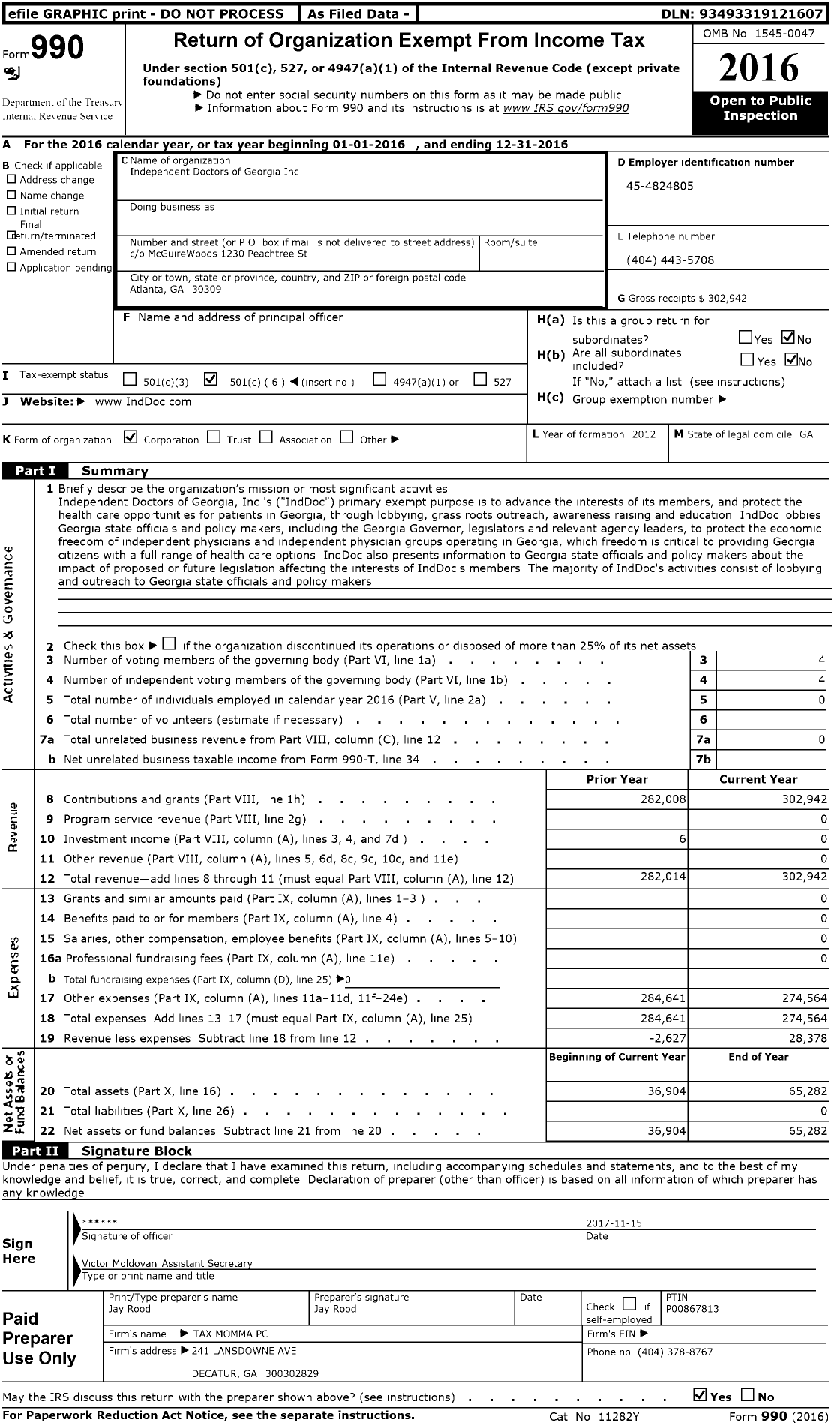 Image of first page of 2016 Form 990O for Independent Doctors of Georgia